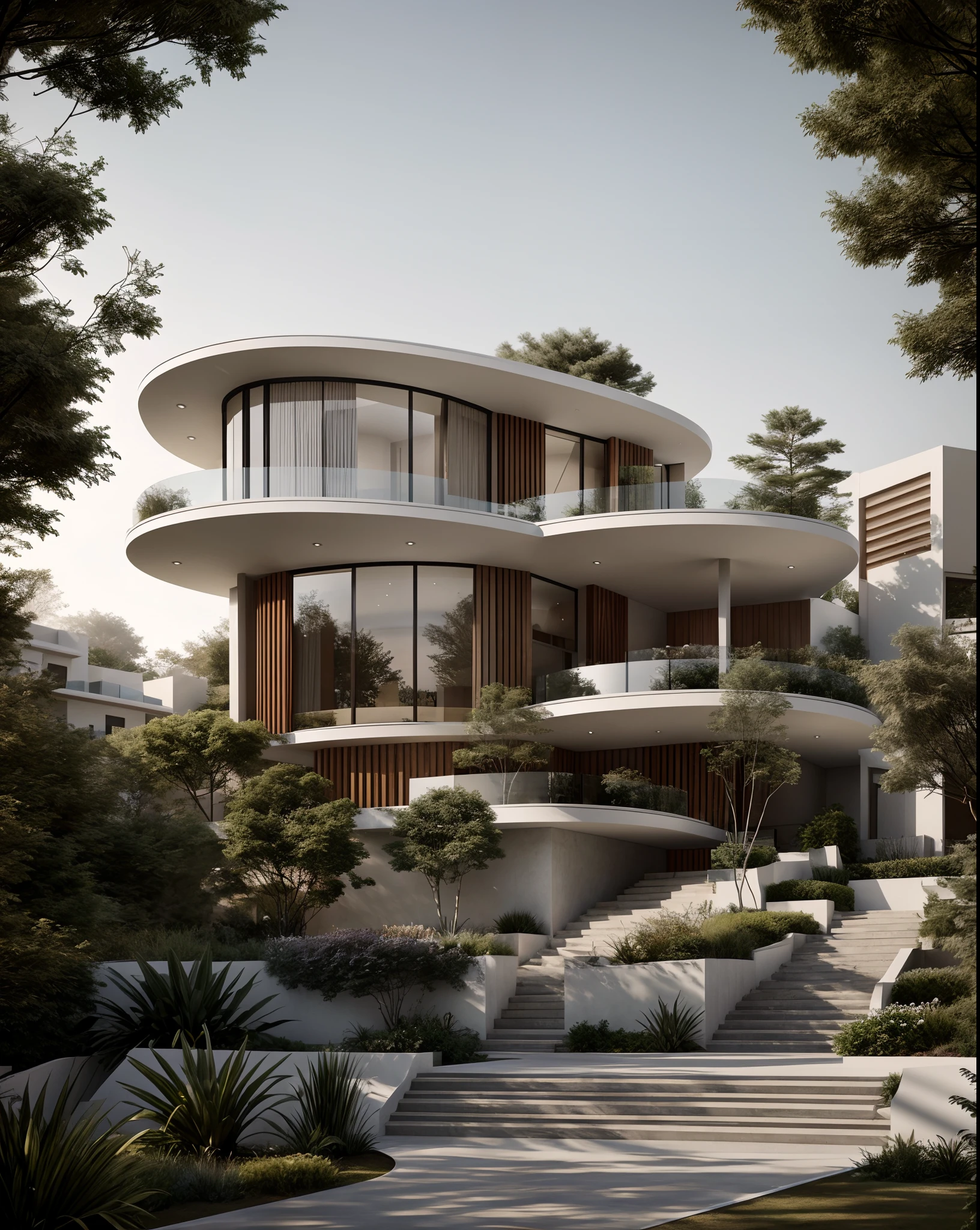 a drawing of a house with a staircase leading to a large glass window, high quality architectural art, architecture art, architectural illustration, contemporary architecture, mono,beautiful and realistic photos, busy surrounding space, realistic trees, surrounding landscape is the city, soft light, late afternoonchrome drawing, realistic architecture, architectural rendering, architectural sketch, in style of zaha hadid architect, architectural concepts, architectural concept, rounded architecture, architecture drawing, artistic drawing, exquisite architecture, beautiful artist rendering, architectural render