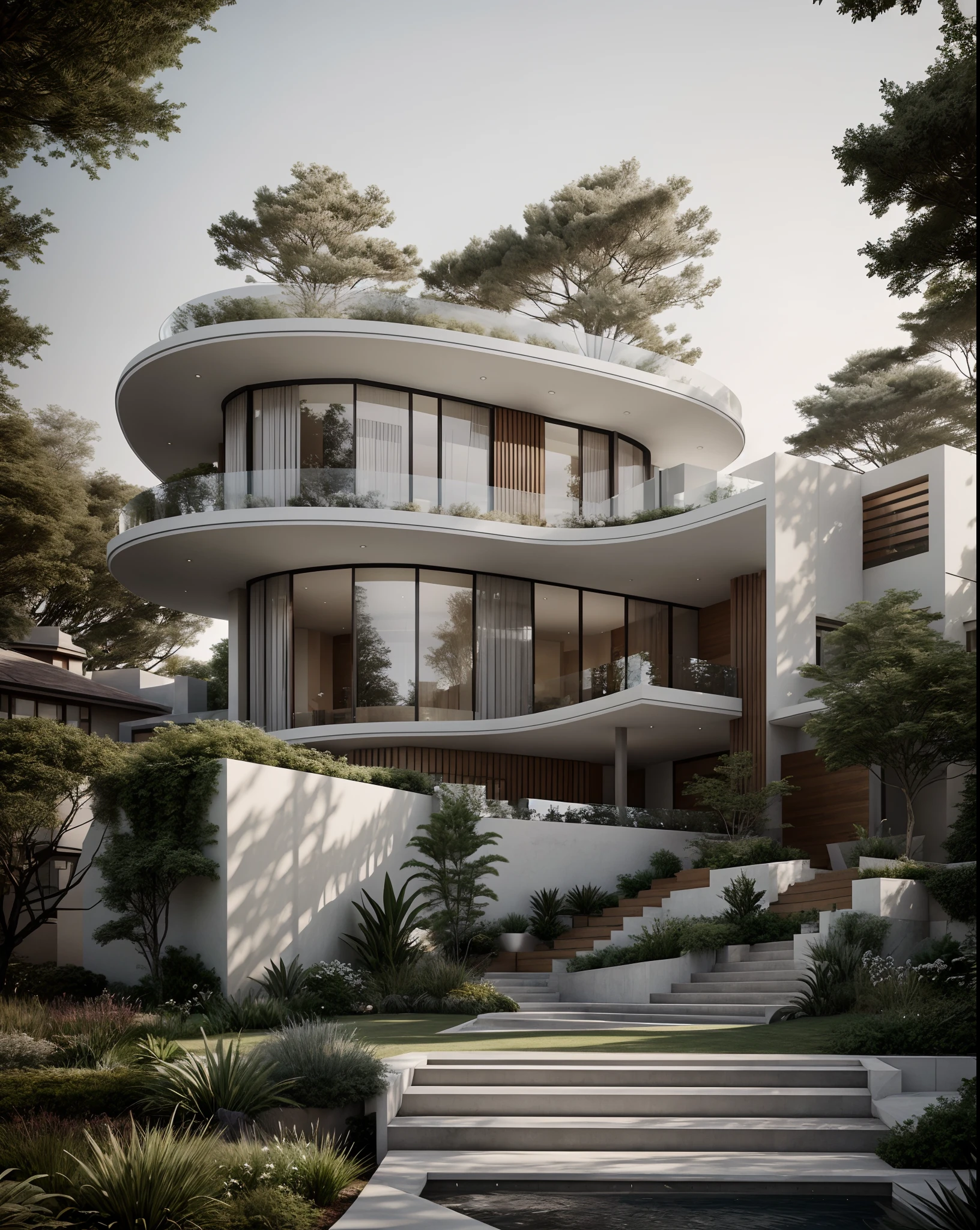 a drawing of a house with a staircase leading to a large glass window, high quality architectural art, architecture art, architectural illustration, contemporary architecture, mono,beautiful and realistic photos, busy surrounding space, realistic trees, surrounding landscape is the city, soft light, late afternoonchrome drawing, realistic architecture, architectural rendering, architectural sketch, in style of zaha hadid architect, architectural concepts, architectural concept, rounded architecture, architecture drawing, artistic drawing, exquisite architecture, beautiful artist rendering, architectural render