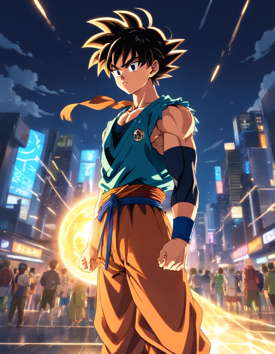 Goku de dragon ball super broly, de 17 anoos negros, usando roupas modernas,belos olhos e rosto,penteado legal,juvenile expression,pose confiante,usando oculos,Fundo Urbano,Artistic portrait,pintura digital,ultra-detalhado,Altas,Physically-based rendering,cores vibrantes,studio lighting,foco nítido,Bokeh,fotorrealista.