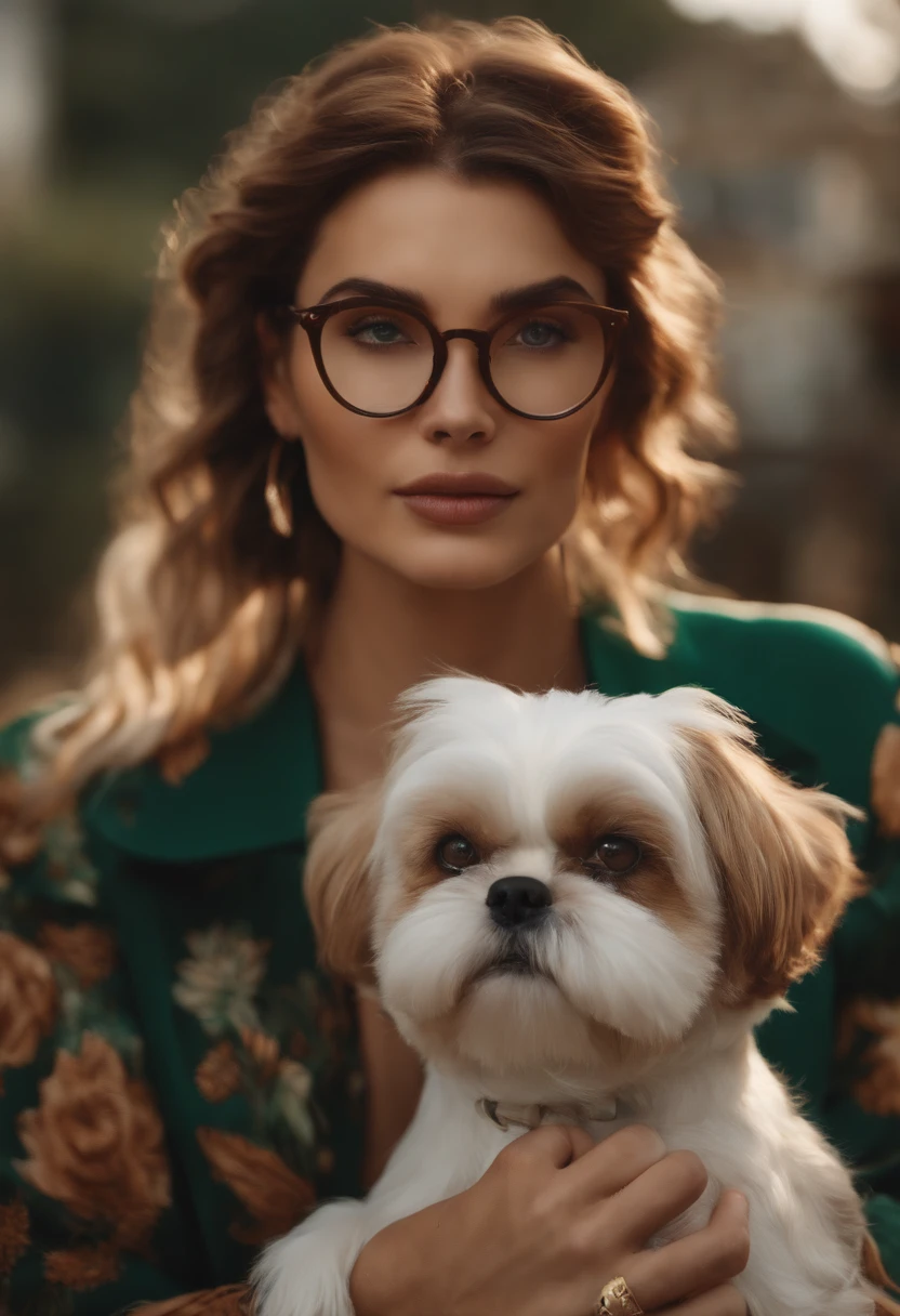 A woman with tattooed Pixar style arms, com cabelos castanhos ondulados, Green eyes and golden accessories, Eyeglasses, Next to a white Shih Tzu dog with beige males and brown eyes, take off the woman
