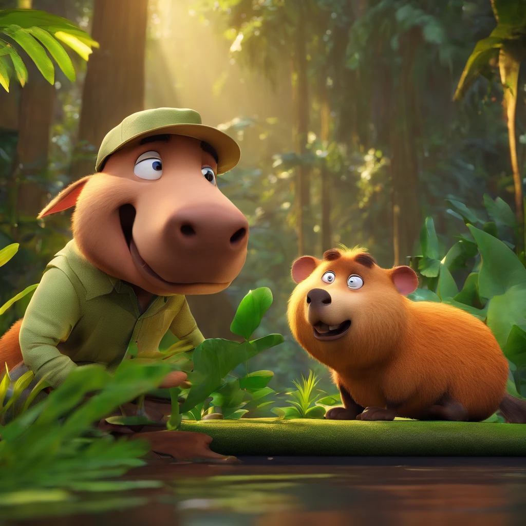 create a 3D movie poster inspired by Disney Pixar, The scene should be in Pixar's signature digital art style, with a caricature image of short caucasian biologist, In the middle of the Amazon rainforest with a capybara by its side