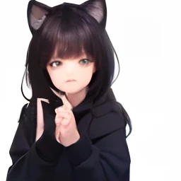 Girl with long wavy black hair, girl holding black bow, black cat ear hood, black cat ears, blue hood, hood with long sleeves, archer, big eyes, pink eyes, purple eyes, wearing socks
