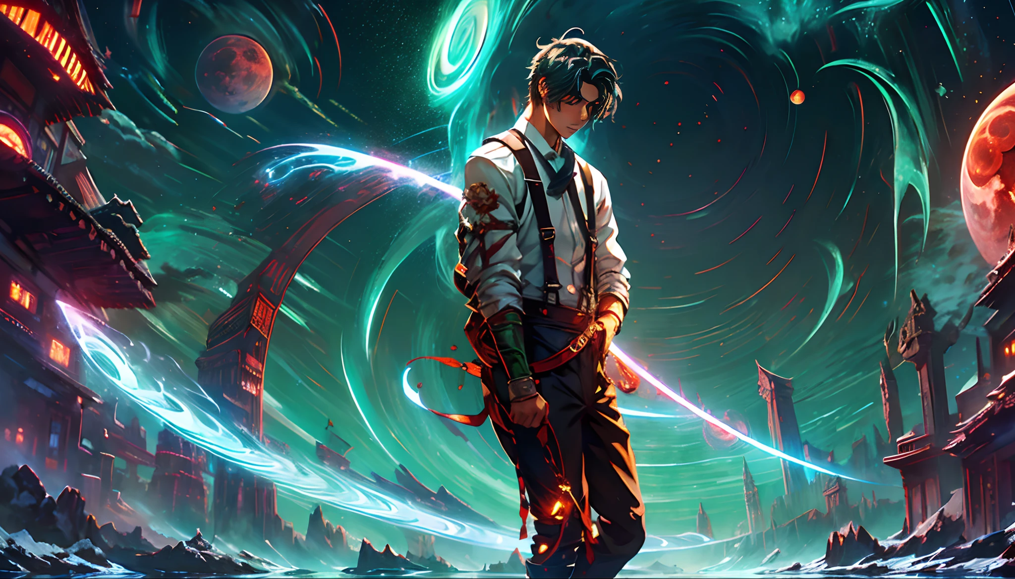 starrysky,Giant whales,Huge blood moon,Red meteor,Green Northern Lights,middle parted hairstyle,Suspenders,Boy