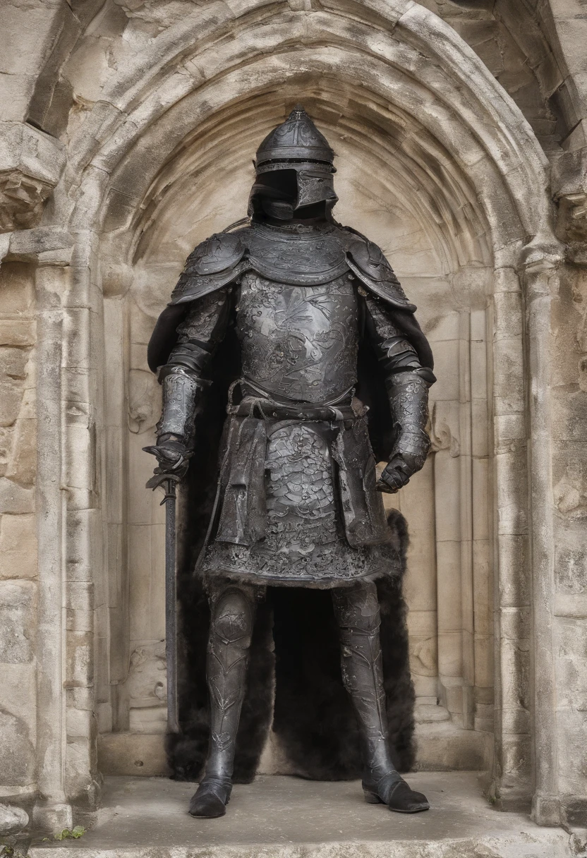 homem, cavaleiro, armadura gasta preta, helmet with an angry and intimidating expression covering his entire face, manto azul que cobre os ombros, espada coberta com sangue, front of the central gates of Notre Dame, andando nos degraus, nevando, lado de fora. Fifteenth century France