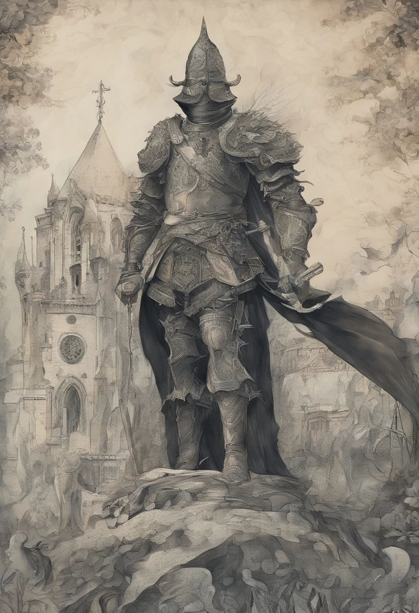 homem, cavaleiro, armadura gasta preta, helmet with an angry and intimidating expression covering his entire face, manto azul que cobre os ombros, espada coberta com sangue, front of the central gates of Notre Dame, andando nos degraus, nevando, lado de fora. Fifteenth century France