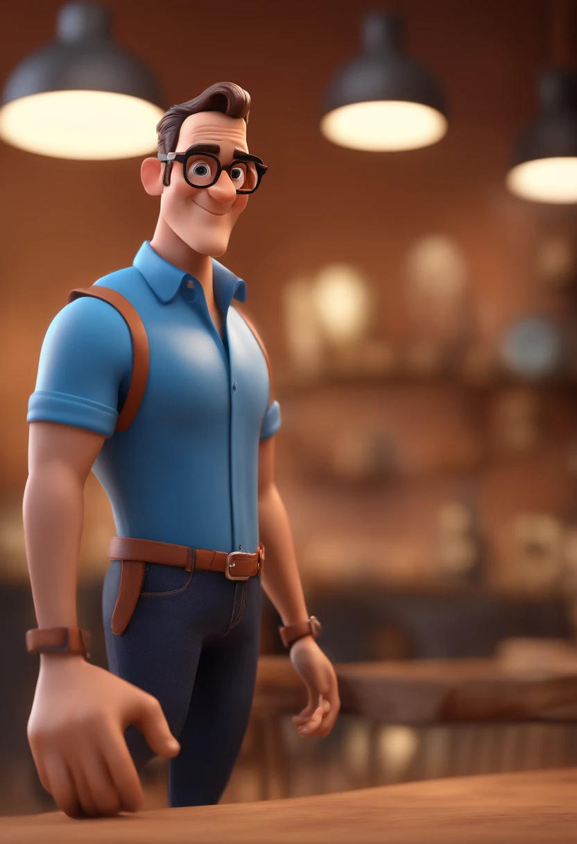 Cartoon character of a man with black glasses and a blue shirt, animation character, Caractere estilizado, animation style rendering, 3D estilizado, Arnold Maya render, 3 d render stylized, toon render keyshot, Personagem 3D, Personagem 3D, 3d rendering stylized, 3 d character render, personagem de desenho animado, Personagem de close up, Pose de personagem, (Estilo Pixar) (master part:1.2) (Bokeh) (best quality) (pele detalhada) (textura detalhada) (8k) (argila) (Cinematic lighting) (foco nítido