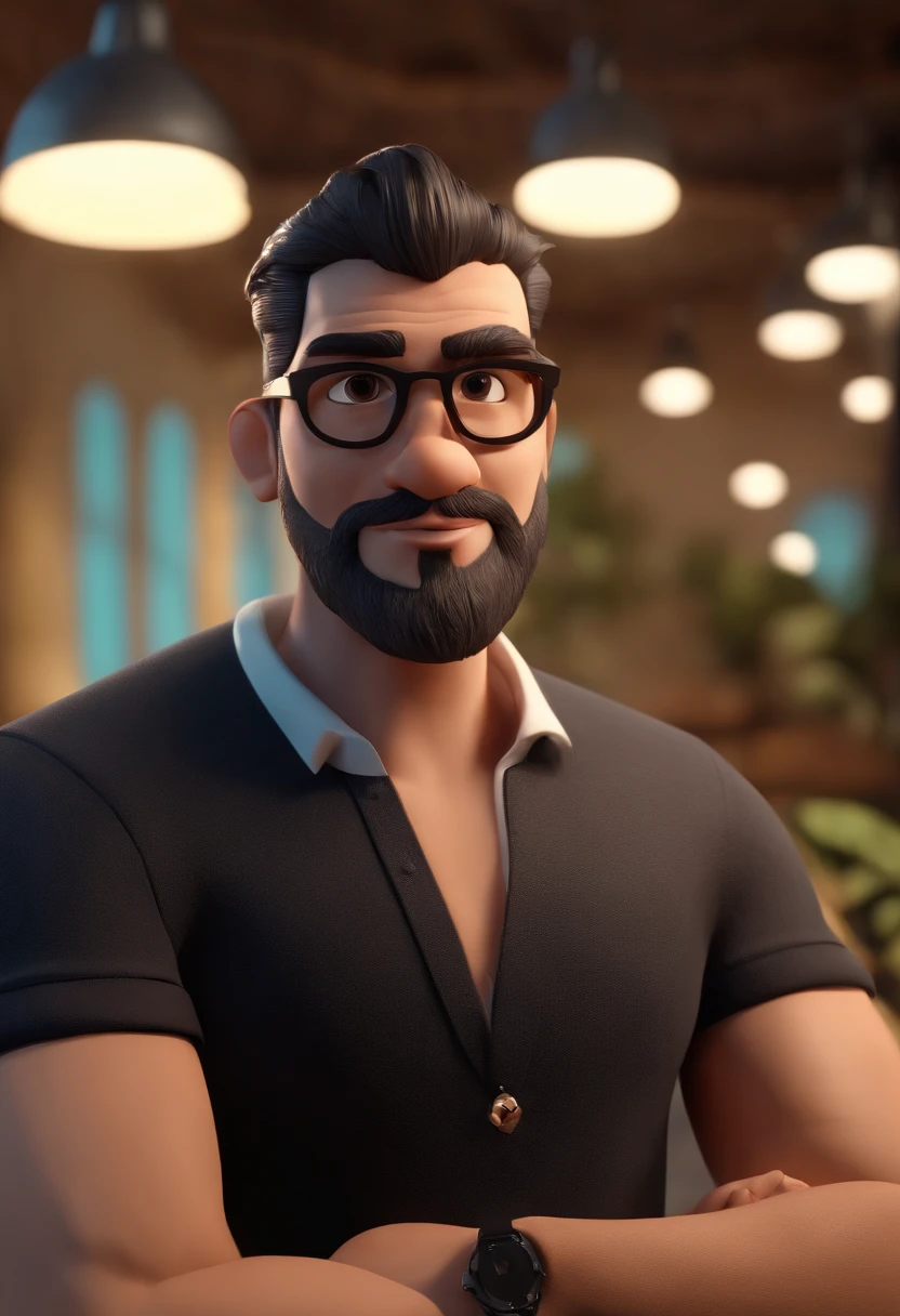 Cartoon character of a man with black glasses and a black polo shirt, cabelo liso, With beard and old school tattoo on his arm, animation character, Caractere estilizado, animation style rendering, 3D estilizado, Arnold Maya render, 3 d render stylized, toon render keyshot, Personagem 3D, Personagem 3D, 3d rendering stylized, 3 d character render, personagem de desenho animado, Personagem de close up, Pose de personagem, (Estilo Pixar) (master part:1.2) (Bokeh) (best quality) (pele detalhada) (textura detalhada) (8k) (argila) (Cinematic lighting) (foco nítido