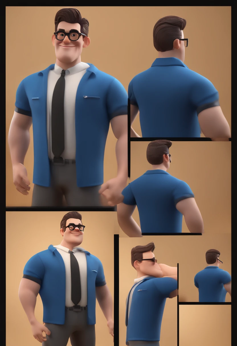 Cartoon character of a man with black glasses and a blue shirt, animation character, Caractere estilizado, animation style rendering, 3D estilizado, Arnold Maya render, 3 d render stylized, toon render keyshot, Personagem 3D, Personagem 3D, 3d rendering stylized, 3 d character render, personagem de desenho animado, Personagem de close up, Pose de personagem,  (Estilo Pixar) (master part:1.2) (Bokeh) (best quality) (pele detalhada) (textura detalhada) (8k) (argila) (Cinematic lighting) (foco nítido