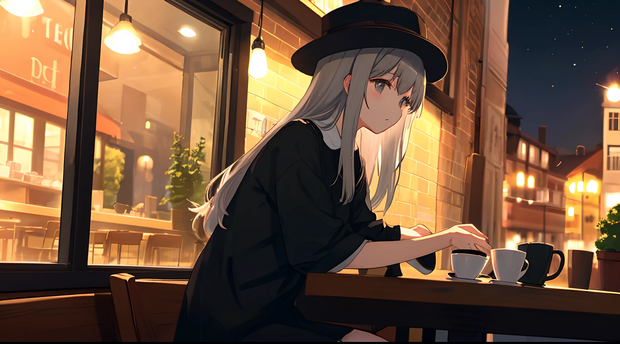 Gray-haired long-haired girl alone、He was wearing a big hat.、Wearing black clothes、Relaxing in a café at night、Watching the moment from the side、
