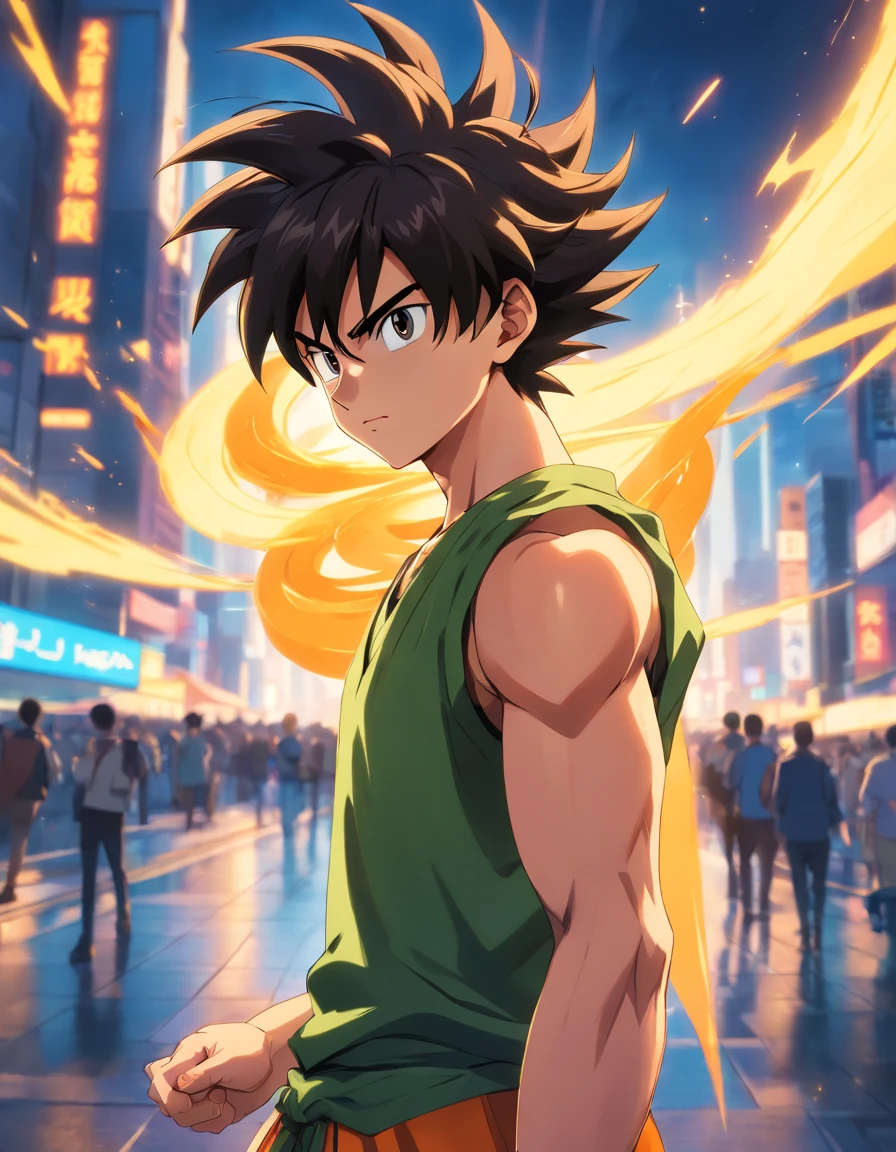 Goku de dragon ball super broly,Menino de 17 anos,cabelos negros, usando roupas modernas,belos olhos e rosto,penteado legal,juvenile expression,pose confiante,usando oculos,Fundo Urbano,Artistic portrait,pintura digital,ultra-detalhado,Altas,Physically-based rendering,cores vibrantes,studio lighting,foco nítido,Bokeh,fotorrealista.