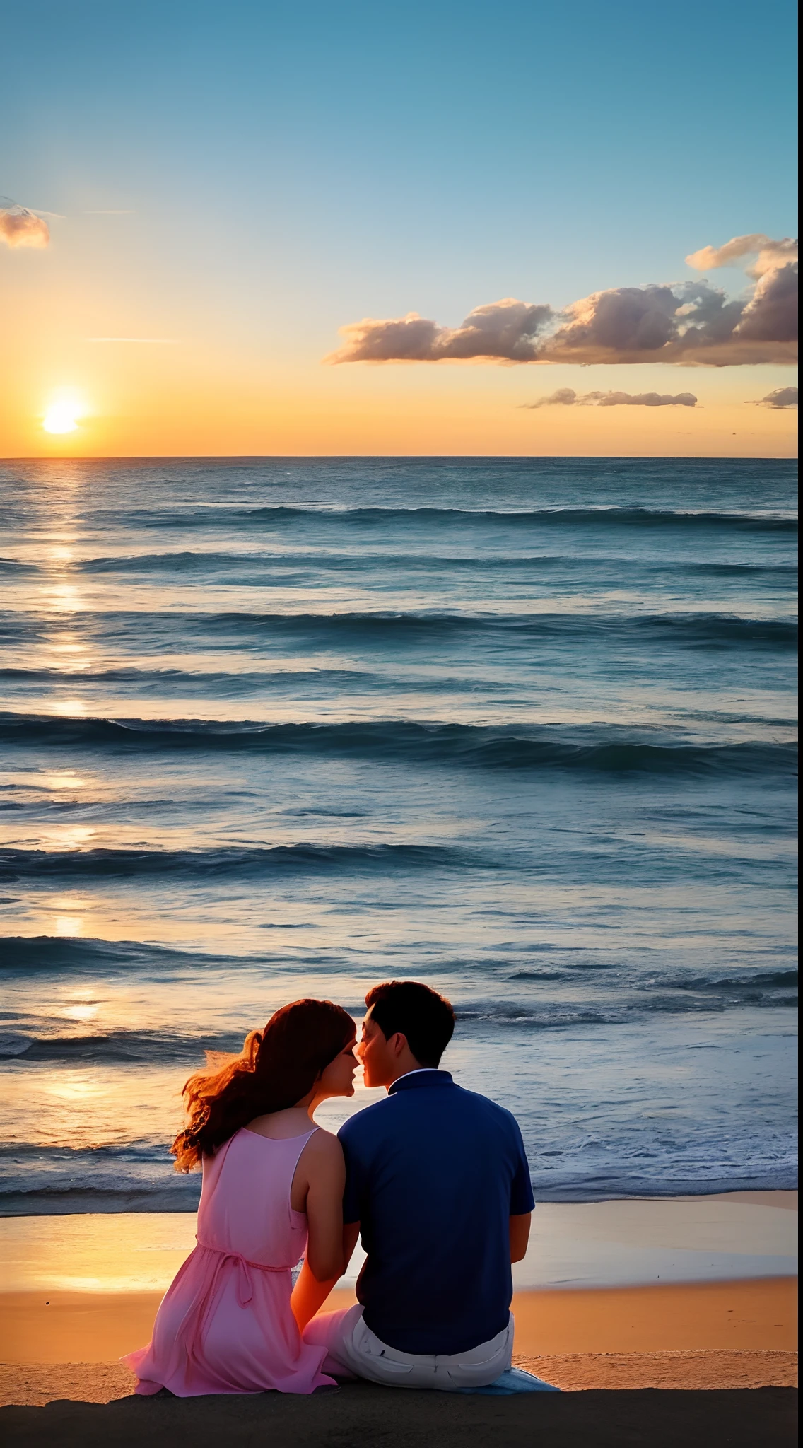 Couple sitting by the sea with the sunset. Este casal tem 35 anos, esta apaixonado. Ambos tem estatura media, ela vanelo medio e ele cabelo curto