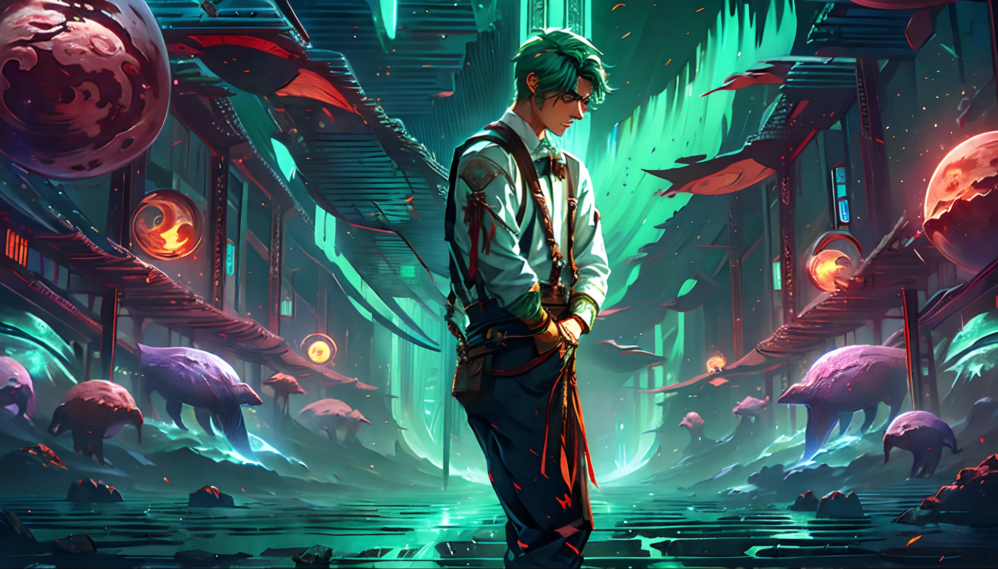 starrysky,whales,Blood Moon,meteors,Green Northern Lights,middle parted hairstyle,Suspenders,