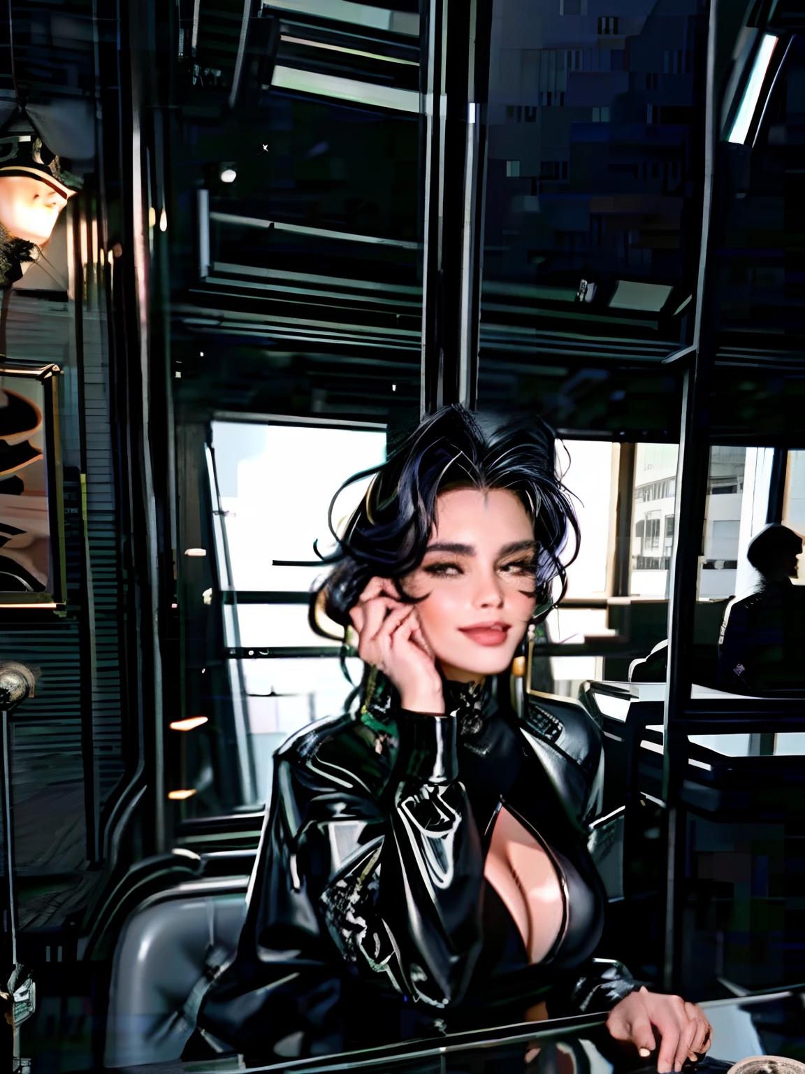 (elegant mature)+ cat-woman, action-view, (masterpiece)+, intricate details, realistic mature face, (1999s)++, (best quality)++, (gothic city)+, (roof view at night)+, (black)+ iridescent [full body bodysuit], crop jacket, smile, slim-thick, extremely detailed, (dynamic flexible pose)+, mist, big cat-ears, rain, 1990s \(style\)+, 90s flash photo