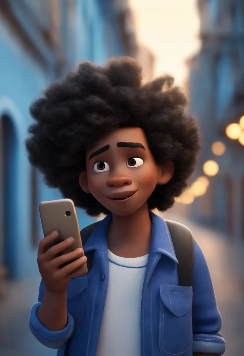 personagem estilo PIXAR de um homem com uma camisa azul, cabelo preto com topete, segunrando um celular, corpo inteiro, tenis branco, fundo totalmente branco.