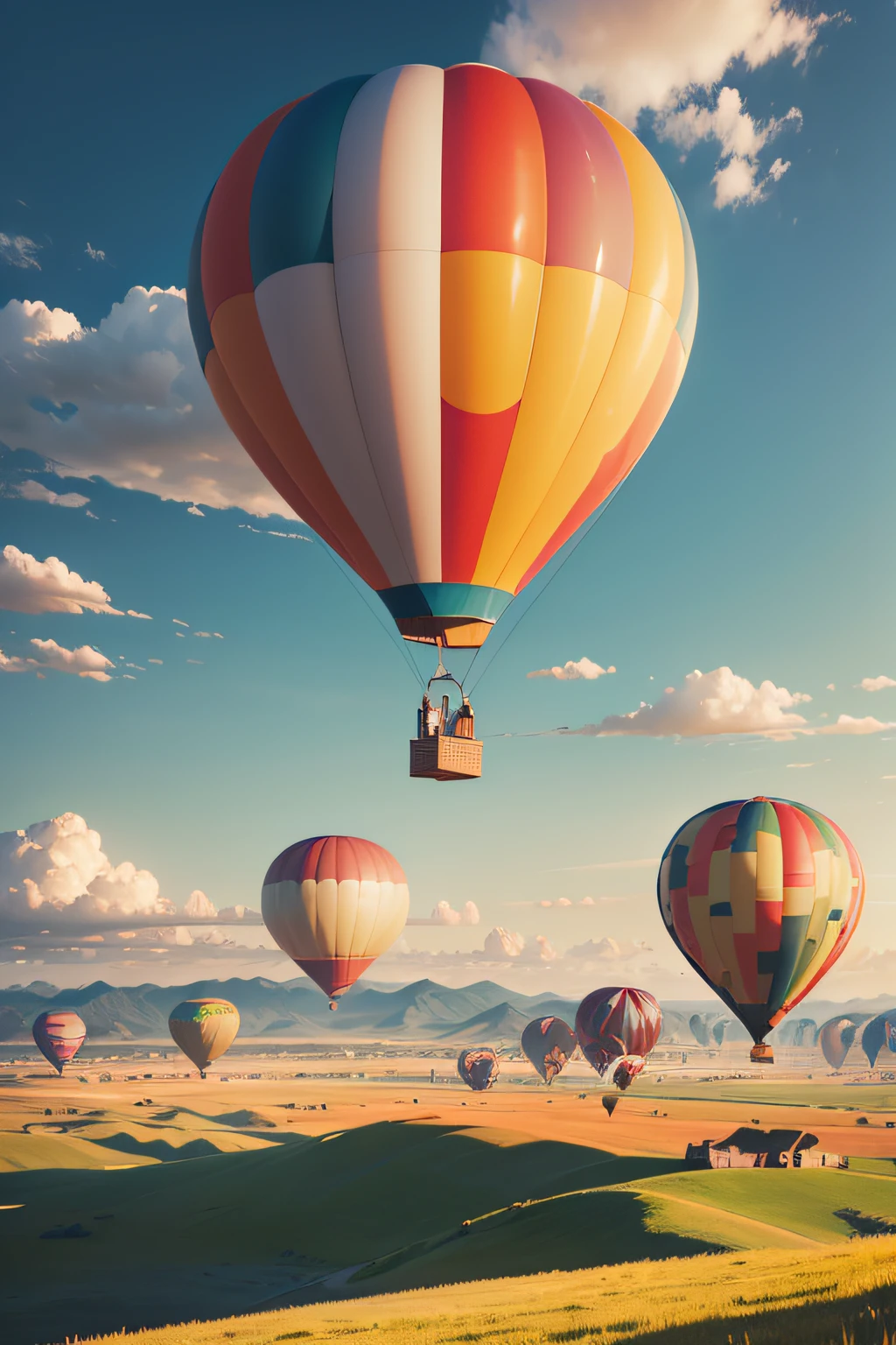 Two hot air balloons fly over the prairie landscape,The background is mountains,beautiful sky,White clouds,rainbowing,4K Ultra HD, 超高分辨率, (Photorealistic: 1.4), Best quality,Masterpiece,(pastel colour:1.2)