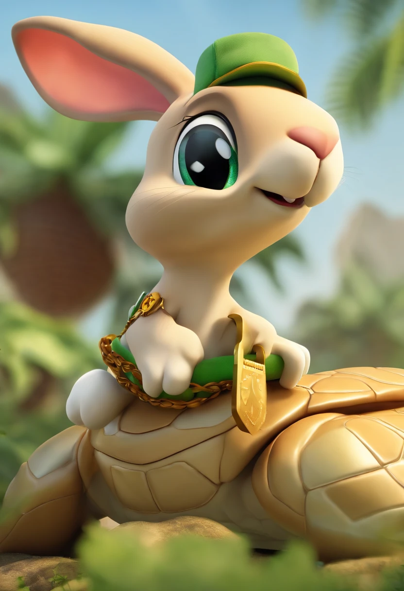 (((Cartoon Character 1.3)))，(((Wear a Nike T-shirt：1.2，A super cute rabbit standing on the back of a turtle)))，((A rabbit with a large gold medal around its neck stands on the back of a green turtle))，Wears a spotted vest on the top，Denim shorts on the bottom，Naughty expression，HD Real，Black eyes，Flying figure，HD picture，Sony SLR lens，Shoot at medium distance，Soft lighting，