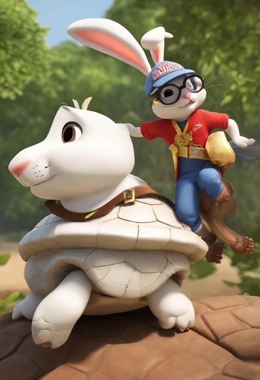 (((Cartoon Character 1.3)))，(((Wear a Nike T-shirt：1.2，A super cute rabbit standing on the back of a turtle)))，((A rabbit with a large gold medal around its neck stands on the back of a green turtle))，Wears a spotted vest on the top，Denim shorts on the bottom，Naughty expression，HD Real，Black eyes，Flying figure，HD picture，Sony SLR lens，Shoot at medium distance，Soft lighting，