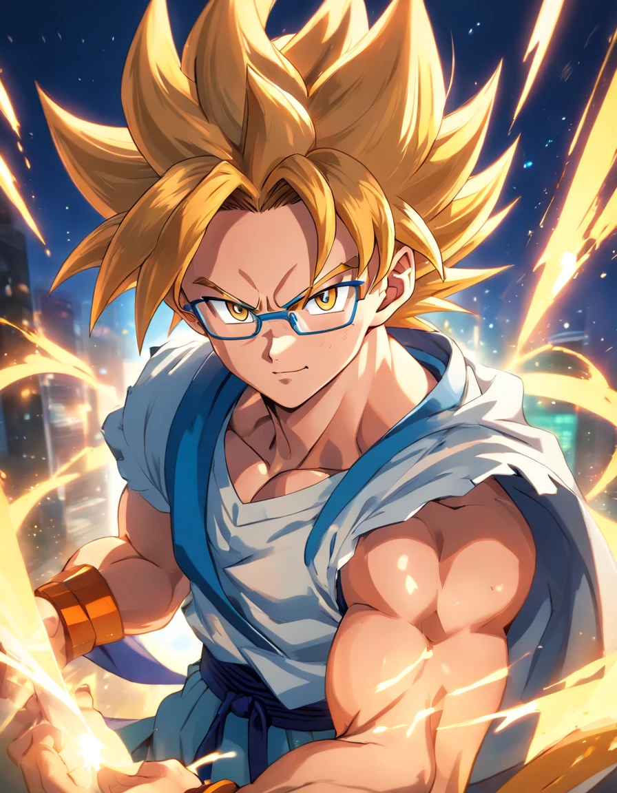 Gogeta de dragon ball super broly,Menino de 17 anos,cabelos negros, Wearing modern clothes and glasses,belos olhos e rosto,penteado legal,juvenile expression,pose confiante,Fundo Urbano,Artistic portrait,pintura digital,ultra-detalhado,Altas,Physically-based rendering,cores vibrantes,studio lighting,foco nítido,Bokeh,fotorrealista.