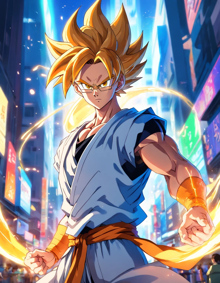 Gogeta de dragon ball super broly,Menino de 17 anos,cabelos negros, Wearing modern clothes and glasses,belos olhos e rosto,penteado legal,juvenile expression,pose confiante,Fundo Urbano,Artistic portrait,pintura digital,ultra-detalhado,Altas,Physically-based rendering,cores vibrantes,studio lighting,foco nítido,Bokeh,fotorrealista.