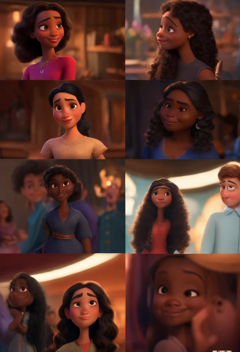 Um filme inspirado na Disney Pixar (MENINA NEGRA JOVEM COM CABELO LONGO CACHEADO PRETO) dentro A cena estar na arte distinta do estilo PIXAR, descolada e estilosa