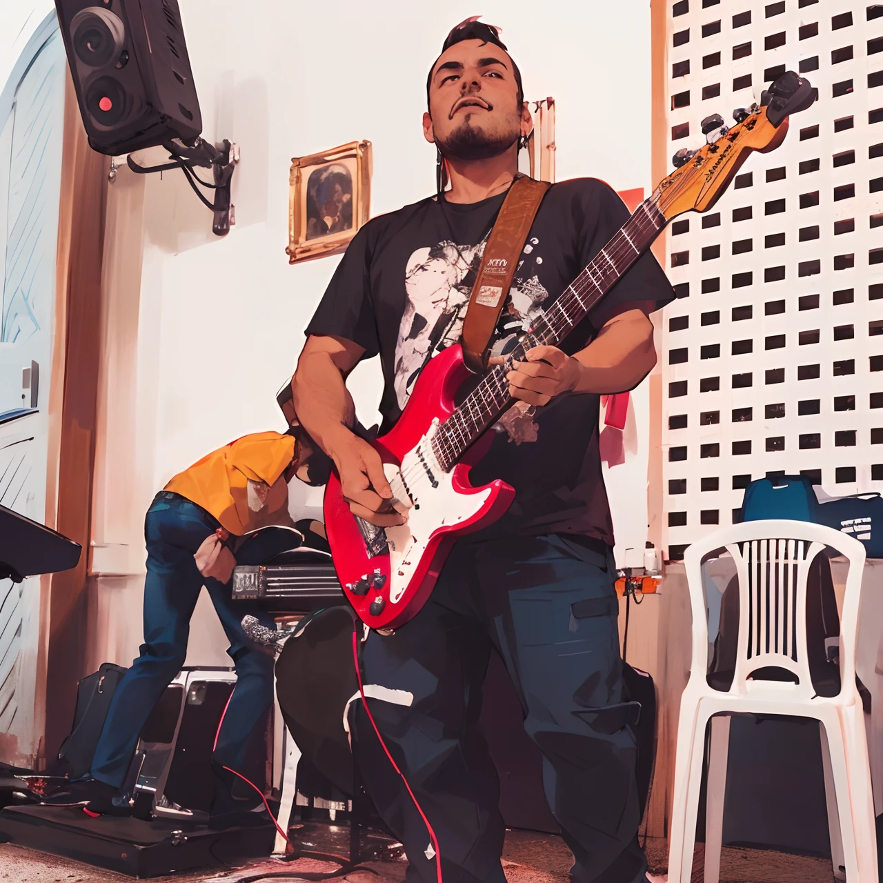 there is a man that is playing a guitar in a room, rocking out, banda tocando, Album art, album photo, solo de guitarra, jamming to music, music being played, Directed by: Nandor Soldier, tocando guitarra no palco, no palco, baixista, tocando guitarra, by Amelia Peláez, Apresentando-se no palco, playing electric guitar, Guitarra