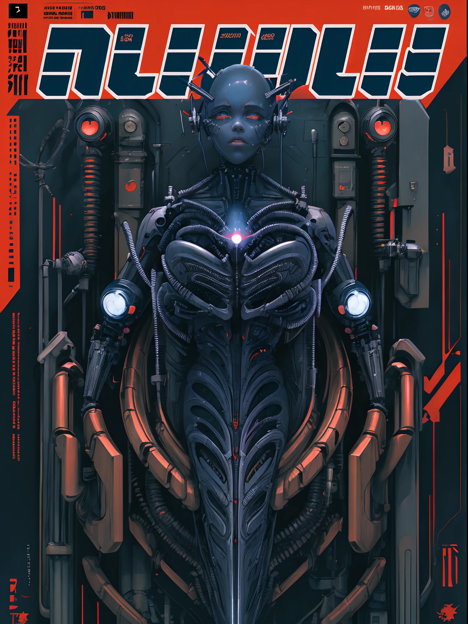Rated R, nsfw, sexy female cyborg, magazine cover, poster art , Lovecraftian horror tattoos, hint of vibrant, bold huge text, matted design layout.