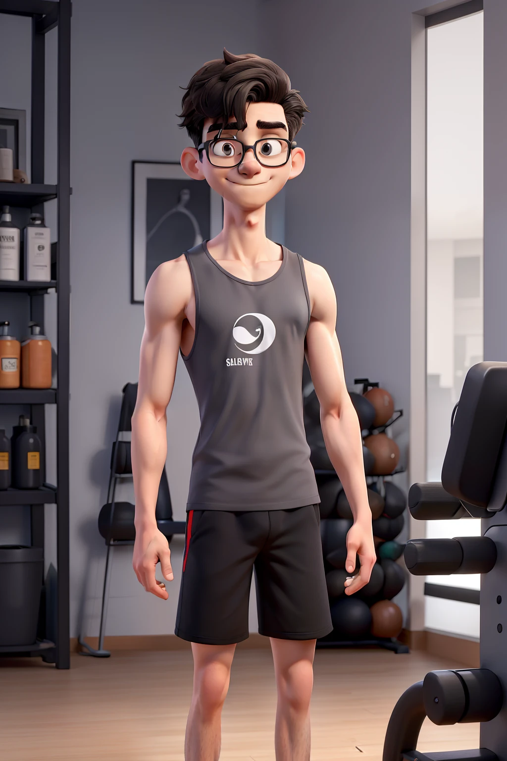 masterpiece, best quality, an young thin man at gym with glasses and long black hair, wearing a sleeveless grey t-shirt and black shorts