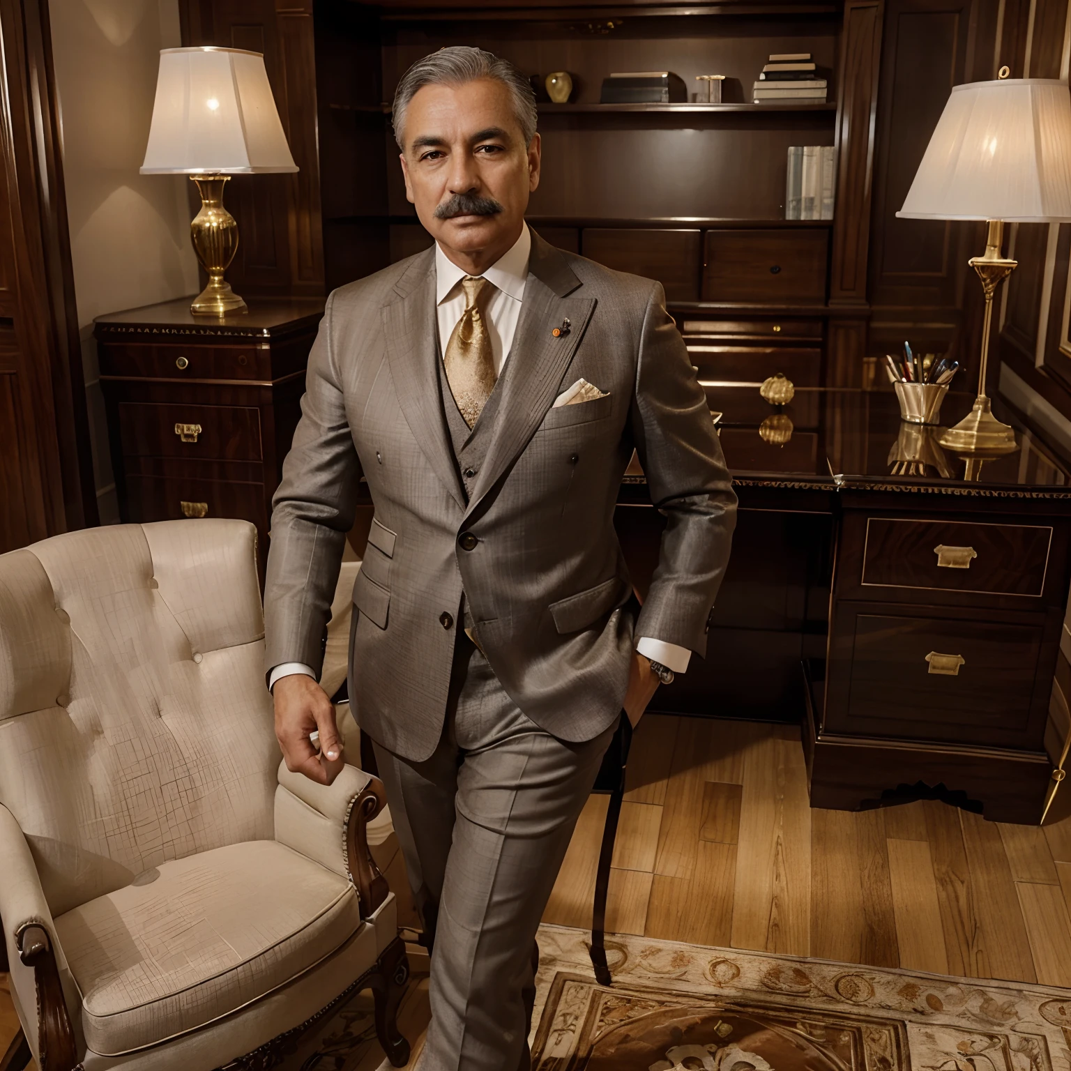 (high quality:1.2),(ultra-detailed),realistic,portrait,65-year-old (politician) (corrupt) (right-wing) millionaire,gray hair and moustache,dressed in ultra-luxurious clothes,posing in the office,expensive (furniture:1.1),gold (decorations:1.1),luxury (desk:1.1),elegant (chandelier),mahogany (bookshelf),expensive (painting:1.1) (frames:1.1),polished (floor:1.1),floor-to-ceiling (windows) with (panoramic view:1.1) of the city,elegant (desk:1.1) (accessories:1.1),sophisticated (antique:1.1) (desk lamp),impeccably dressed employees,bright (office:1.1) (lighting)