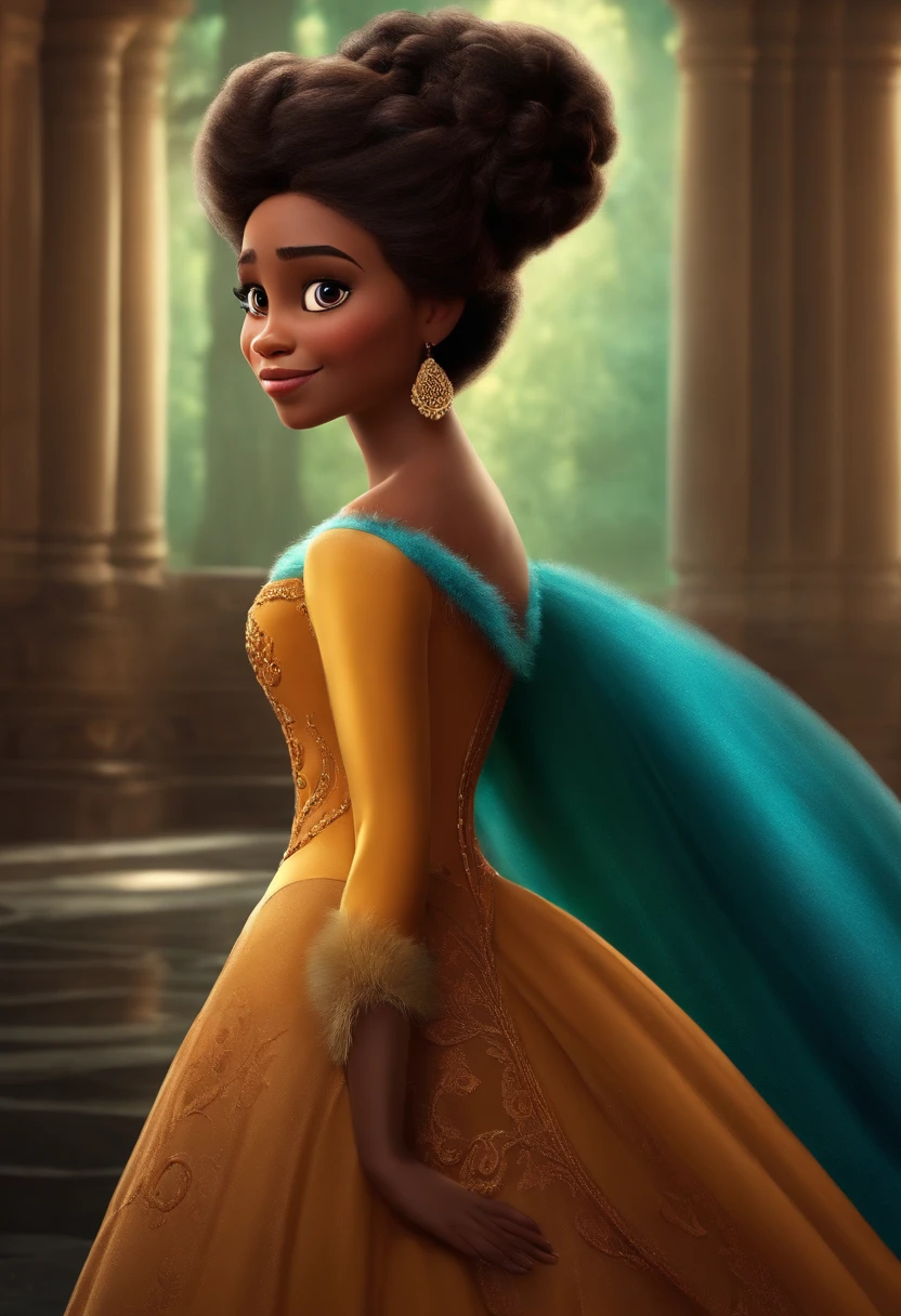 Jovem mulher, personagem Disney pixar, cabelo castanho longo, olhos castanhos, pele parda, vestido preto