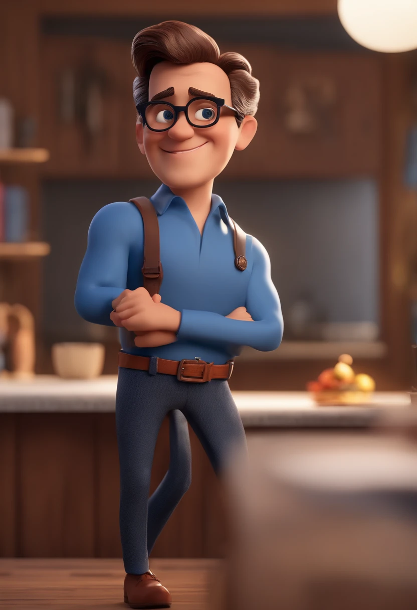 Cartoon character of a man with black glasses and a blue shirt, animation character, Caractere estilizado, animation style rendering, 3D estilizado, Arnold Maya render, 3 d render stylized, toon render keyshot, Personagem 3D, Personagem 3D, 3d rendering stylized, 3 d character render, personagem de desenho animado, Personagem de close up, Pose de personagem,  (Estilo Pixar) (master part:1.2) (Bokeh) (best quality) (pele detalhada) (textura detalhada) (8k) (argila) (Cinematic lighting) (foco nítido