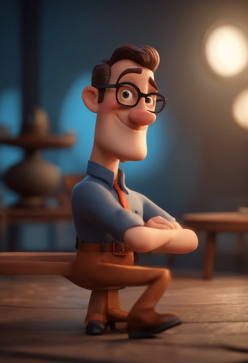 Cartoon character of a man with black glasses and a blue shirt, animation character, Caractere estilizado, animation style rendering, 3D estilizado, Arnold Maya render, 3 d render stylized, toon render keyshot, Personagem 3D, Personagem 3D, 3d rendering stylized, 3 d character render, personagem de desenho animado, Personagem de close up, Pose de personagem, (Estilo Pixar) (master part:1.2) (Bokeh) (best quality) (pele detalhada) (textura detalhada) (8k) (argila) (Cinematic lighting) (foco nítido