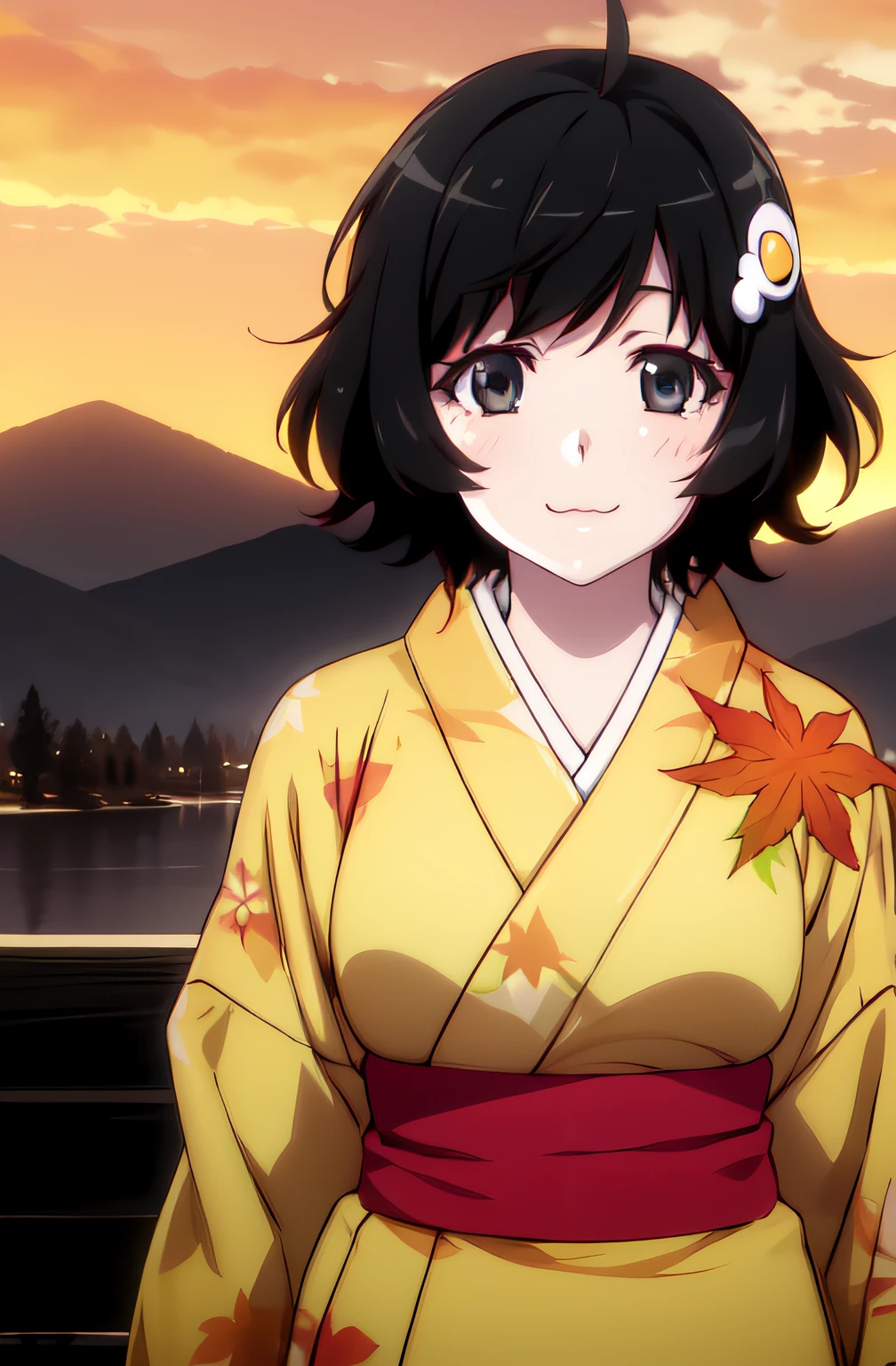 1girl, solo, looking at viewer, 
araragitsukihi, short hair, messy hair, yellow kimono, hair ornament, japanese clothes,  ahoge, egg hair ornament,
smile, :3, daylight, mountains, autumn, trees, sunset,