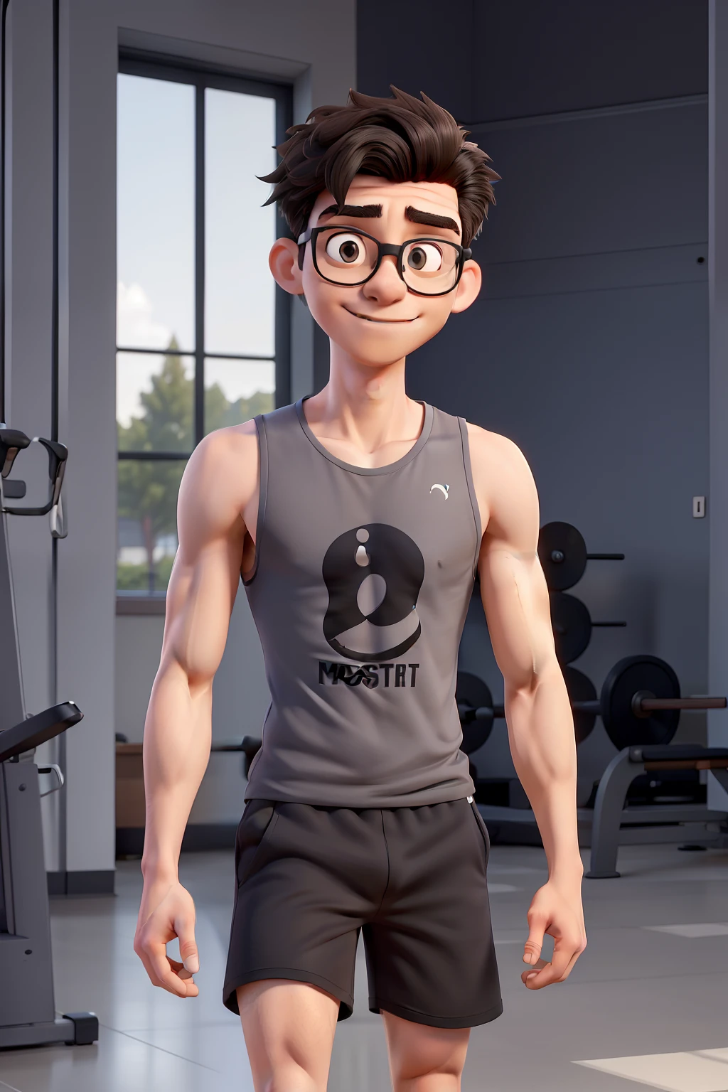 masterpiece, best quality, an young thin man at gym with glasses and long black hair, wearing a sleeveless grey t-shirt and black shorts