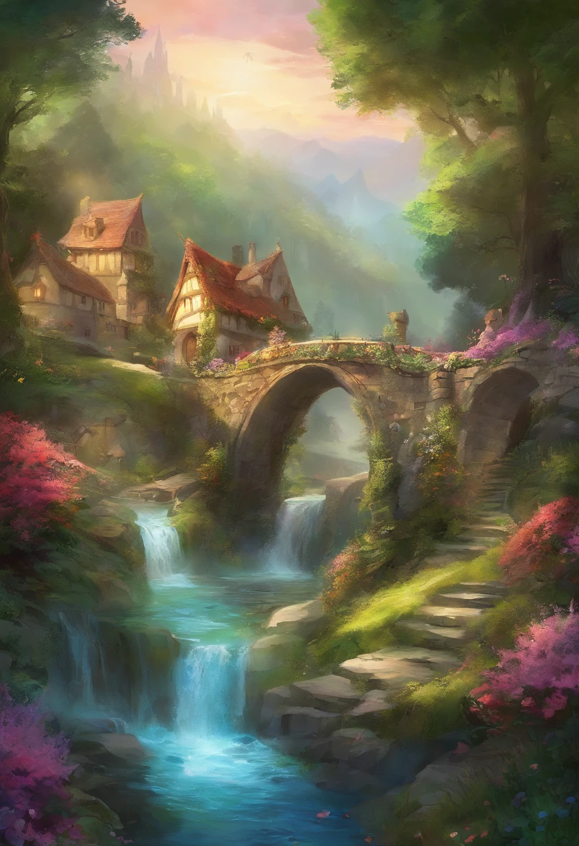 A painting of a small house in a forest with a waterfall - SeaArt AI
