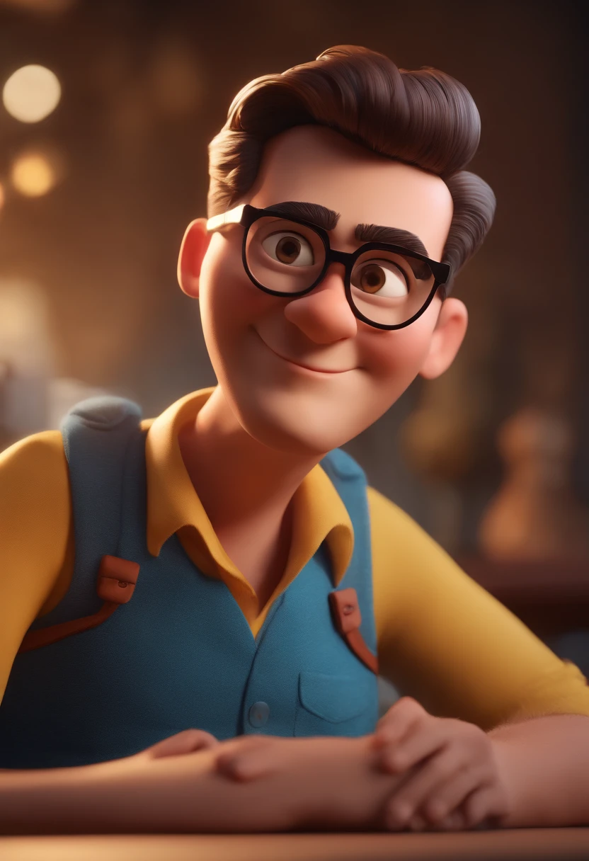 Cartoon character of a man with black glasses and a blue shirt, animation character, Caractere estilizado, animation style rendering, 3D estilizado, Arnold Maya render, 3 d render stylized, toon render keyshot, Personagem 3D, Personagem 3D, 3d rendering stylized, 3 d character render, personagem de desenho animado, Personagem de close up, Pose de personagem, (Estilo Pixar) (master part:1.2) (Bokeh) (best quality) (pele detalhada) (textura detalhada) (8k) (argila) (Cinematic lighting) (foco nítido