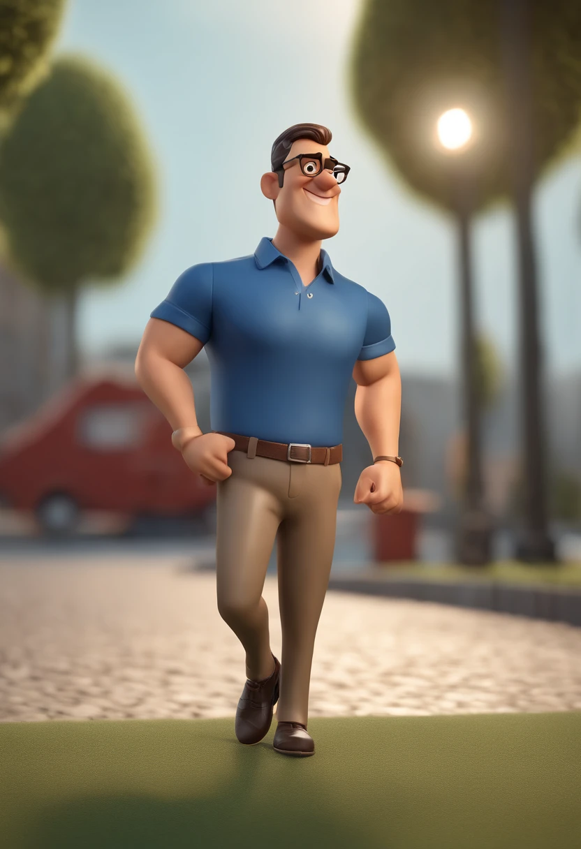 Cartoon character of a man with black glasses and a blue shirt, careca, poucas sobrancelha, animation character, Caractere estilizado, animation style rendering, 3D estilizado, Baviloni render, 3 d render stylized, toon render keyshot, Personagem 3D, Personagem 3D, 3d rendering stylized, 3 d character render, personagem de desenho animado, Personagem de close up, Pose de personagem,  (Estilo Pixar) (master part:1.2) (Bokeh) (best quality) (pele detalhada) (textura detalhada) (8k) (argila) (Cinematic lighting) (foco nítido)
