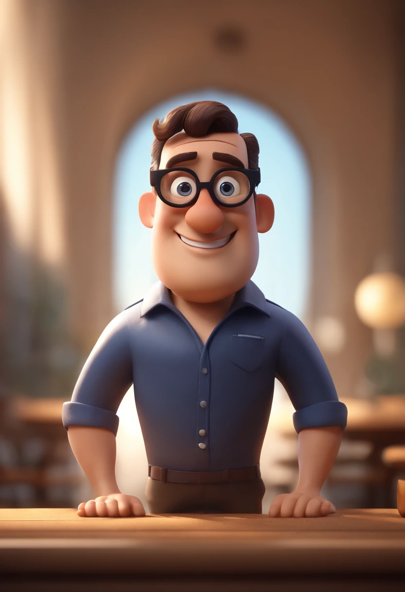 Cartoon character of a man with black glasses and a blue shirt, careca, poucas sobrancelha, animation character, Caractere estilizado, animation style rendering, 3D estilizado, Baviloni render, 3 d render stylized, toon render keyshot, Personagem 3D, Personagem 3D, 3d rendering stylized, 3 d character render, personagem de desenho animado, Personagem de close up, Pose de personagem, (Estilo Pixar) (master part:1.2) (Bokeh) (best quality) (pele detalhada) (textura detalhada) (8k) (argila) (Cinematic lighting) (foco nítido)