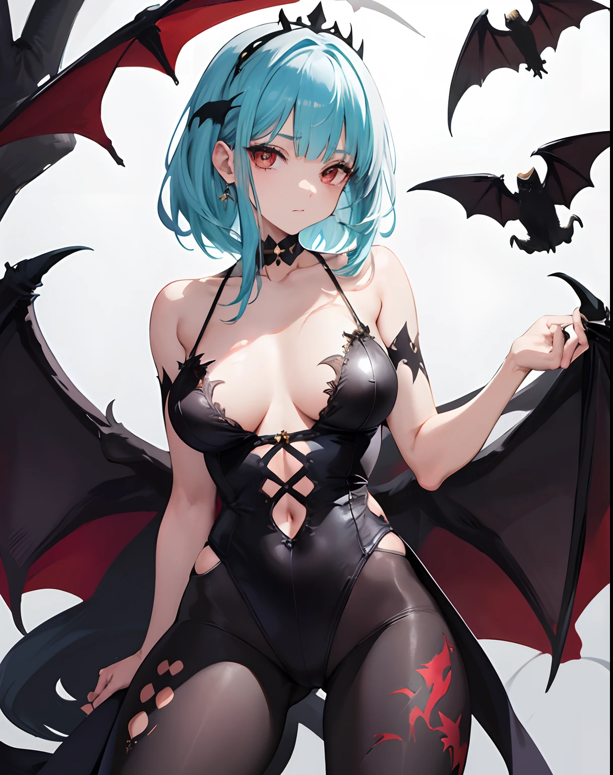 1girl, senos, joya de pecho, pantys, Alas de cabeza, solamente, senos grandes, Pelo rojo, Morrigan Aensland, alas, Animal print, bat print, pelo corto, ojos rojos, Legwear estampado, flequillo barrido, leotardo, bat like wings, escote, flequillo, tiara, Pose de garra, hombros desnudos, Leotardo negro, Mirando al espectador, Fondo simple