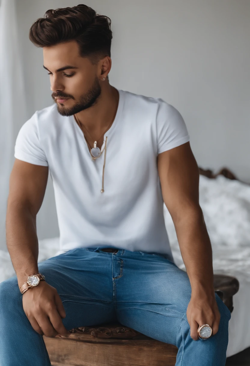Personagem de um , corpo inteiro, camisa azul, Denim Jeans Pants, tenis branco, cabelo liso com topete, segurando um celular, fundo liso branco