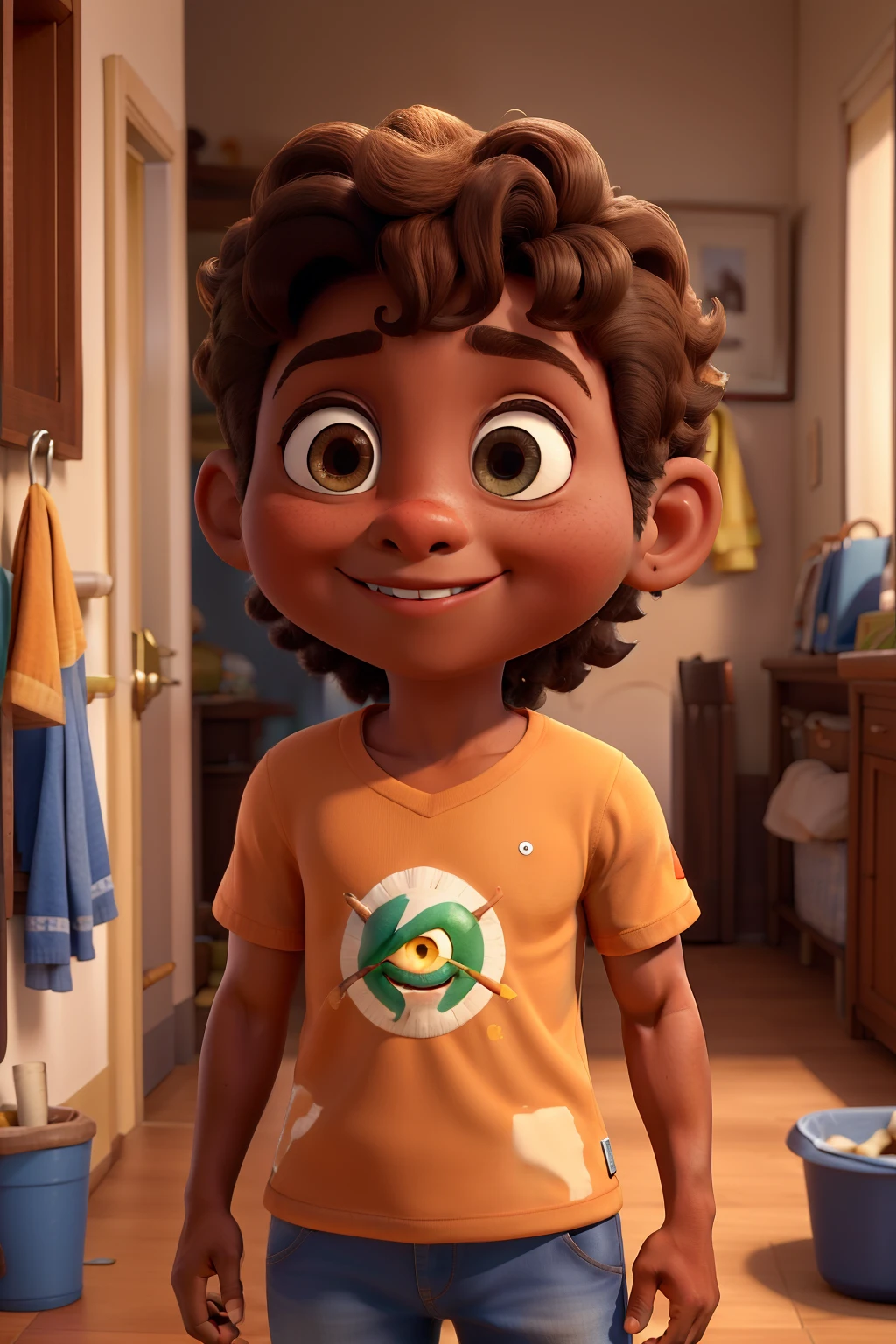 poster 3D inspirado na Disney/Pixar capturando uma cena de familiar Pai de 43 anos, pele moreno claro, careca, olhos castanhos, 43-year-old mother, pele clara, cabelos castanhos claros com alguns fios loiros, lisos nos ombros, olhos castanhos, menino de 12 anos, pele clara, cabelos lisos e castanhos, olhos castanhos e aparelho nos dentes e menina de 6 anos cabelos longos, lisos e castanhos claro, olhos castanhos caturra amarela e cinza