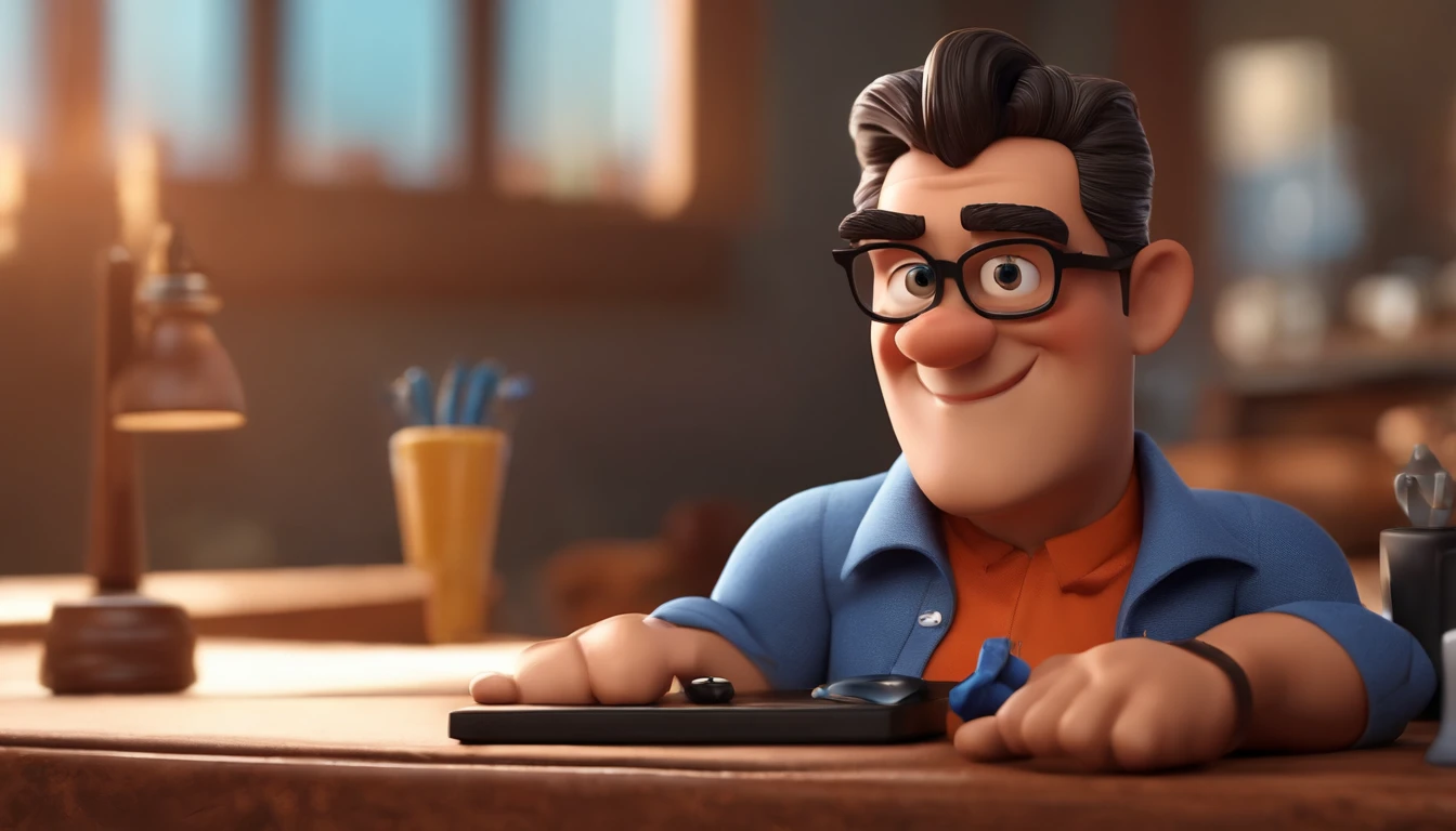 Cartoon character of a man with black glasses and a blue shirt, animation character, Caractere estilizado, animation style rendering, 3D estilizado, Arnold Maya render, 3 d render stylized, toon render keyshot, Personagem 3D, Personagem 3D, 3d rendering stylized, 3 d character render, personagem de desenho animado, Personagem de close up, Pose de personagem, (Estilo Pixar) (master part:1.2) (Bokeh) (best quality) (pele detalhada) (textura detalhada) (8k) (argila) (Cinematic lighting) (foco nítido