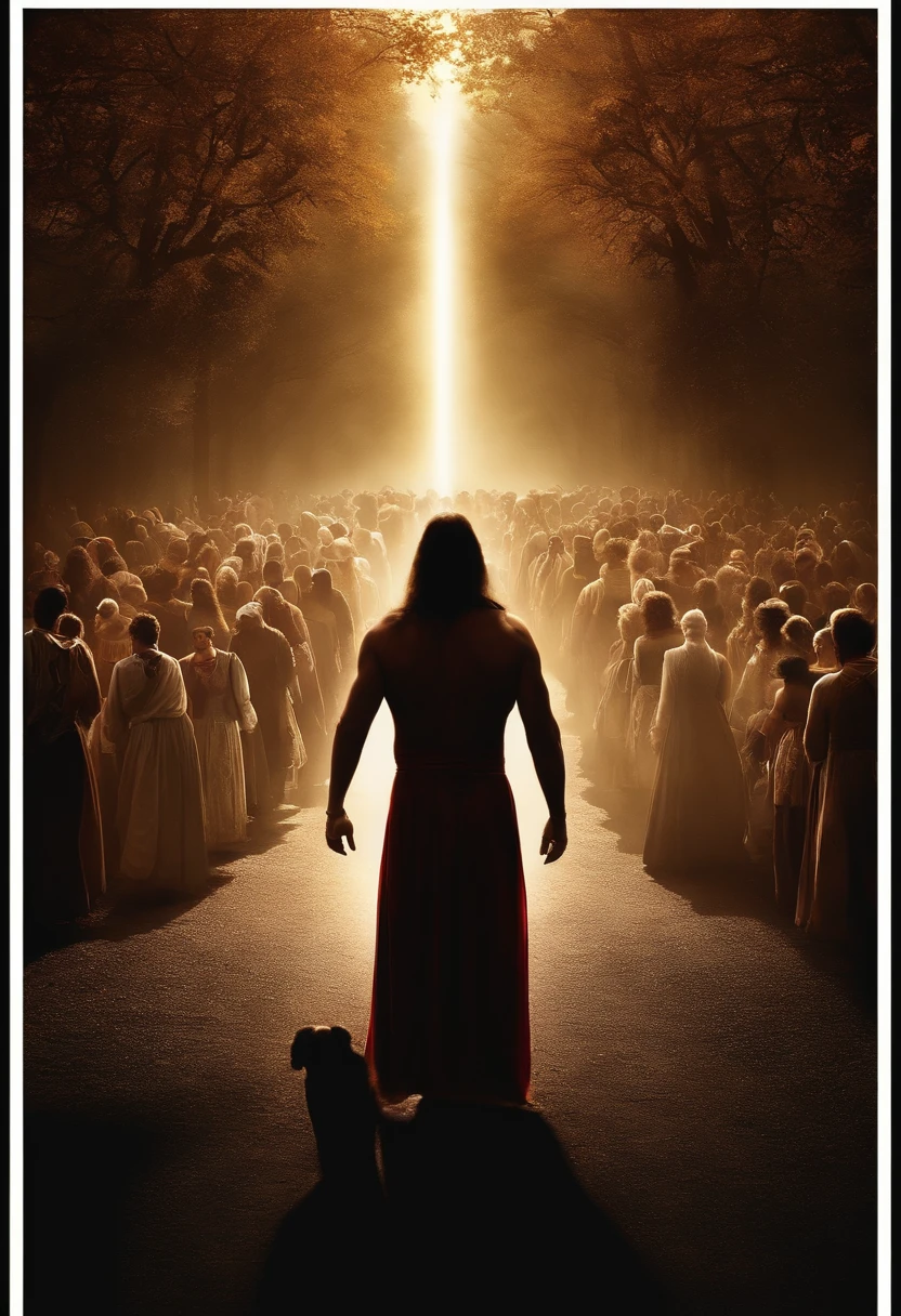 Create a realistic image where a confident person walks determinedly through an envious crowd. One is illuminated by a bright divine light, Creating an aura of protection, while the surrounding crowd shows envious and hostile looks. A cena transmite serenidade, Divine Trust and Protection, com a pessoa ignorando os olhares maliciosos ao seu redor."