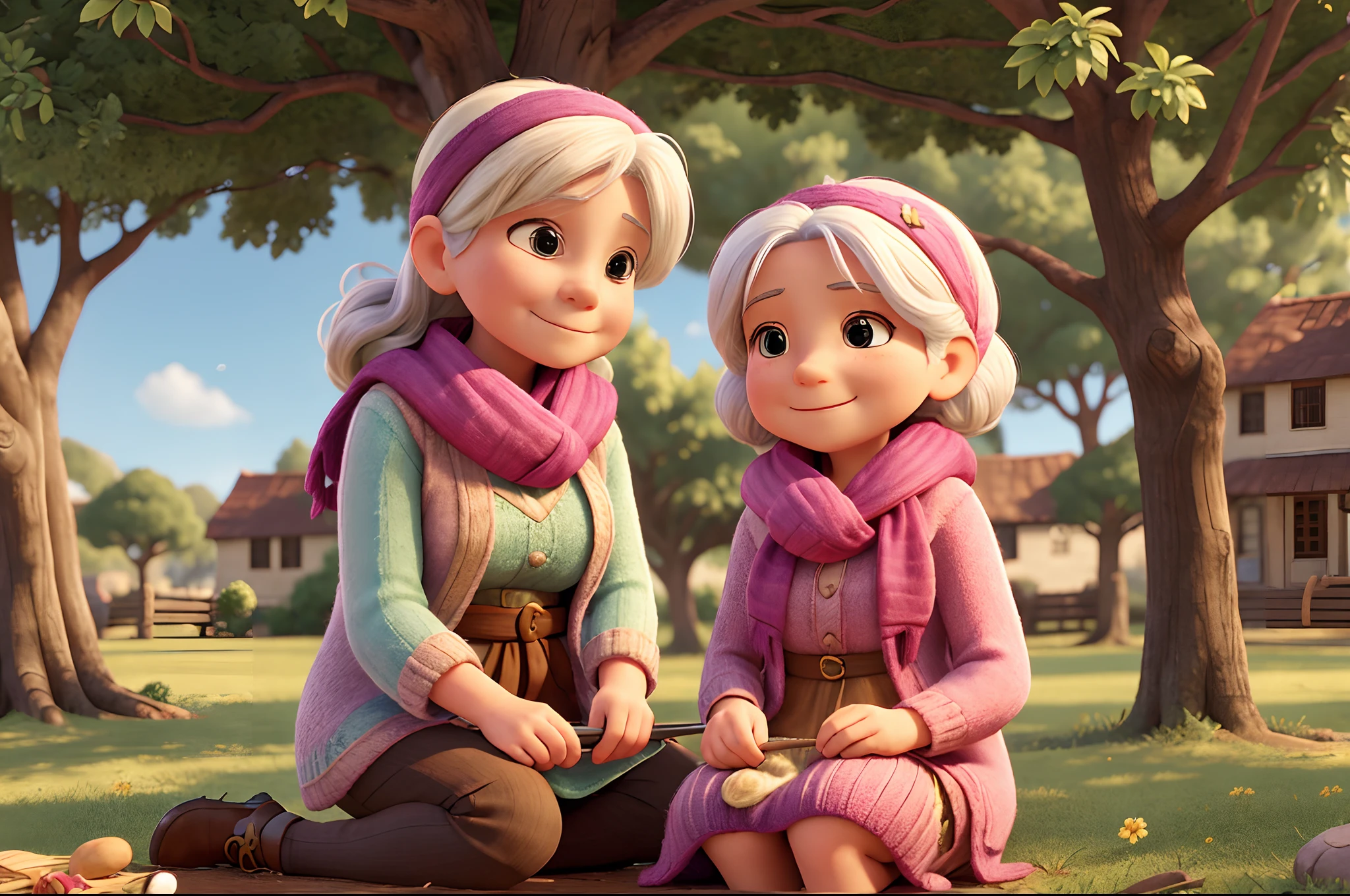 A grandmother knitting a scarf , herniece looks at her with happy expectation, both under a tree. Highly detailed. Colourful.