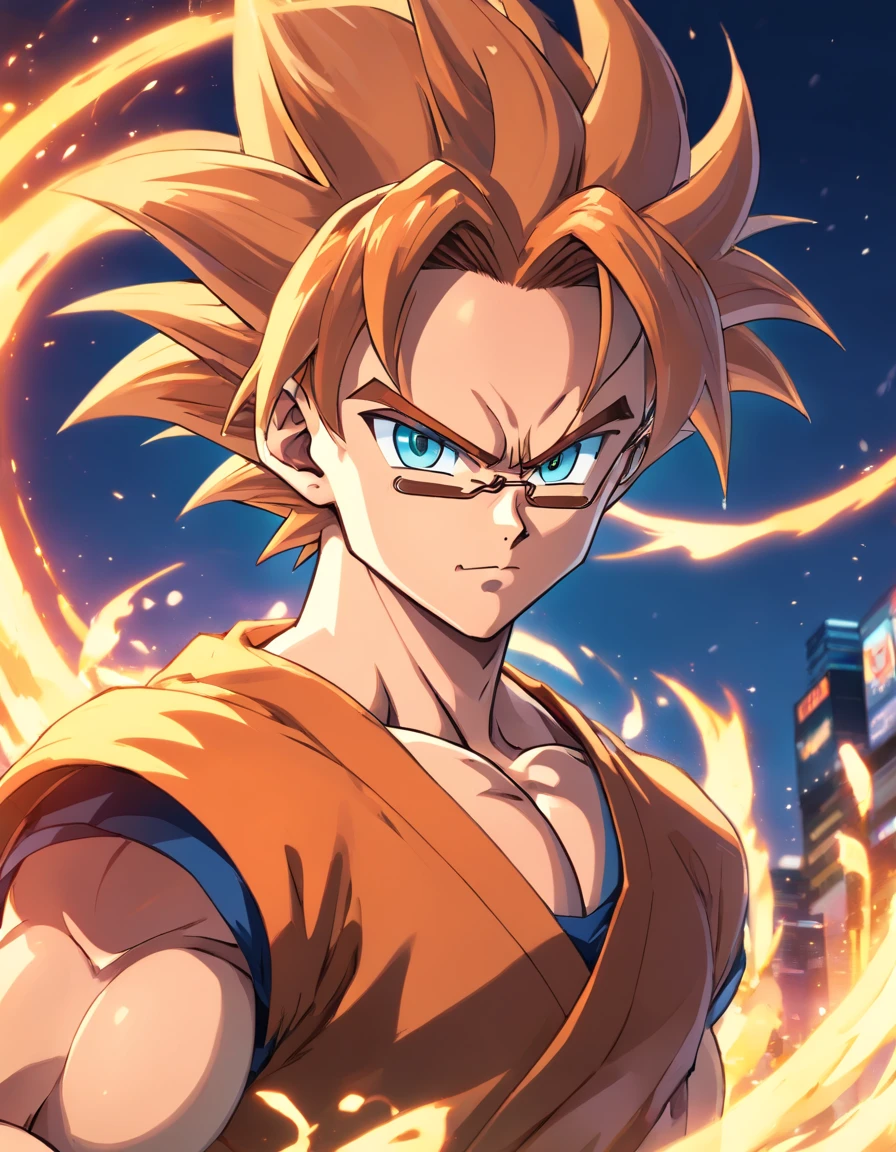 Gogeta de dragon ball super broly,Menino de 17 anos,cabelos negros, Wearing modern orange-colored clothes and glasses,belos olhos e rosto,penteado legal,juvenile expression,pose confiante,Fundo Urbano,Artistic portrait,pintura digital,ultra-detalhado,Altas,Physically-based rendering,cores vibrantes,studio lighting,foco nítido,Bokeh,fotorrealista.
