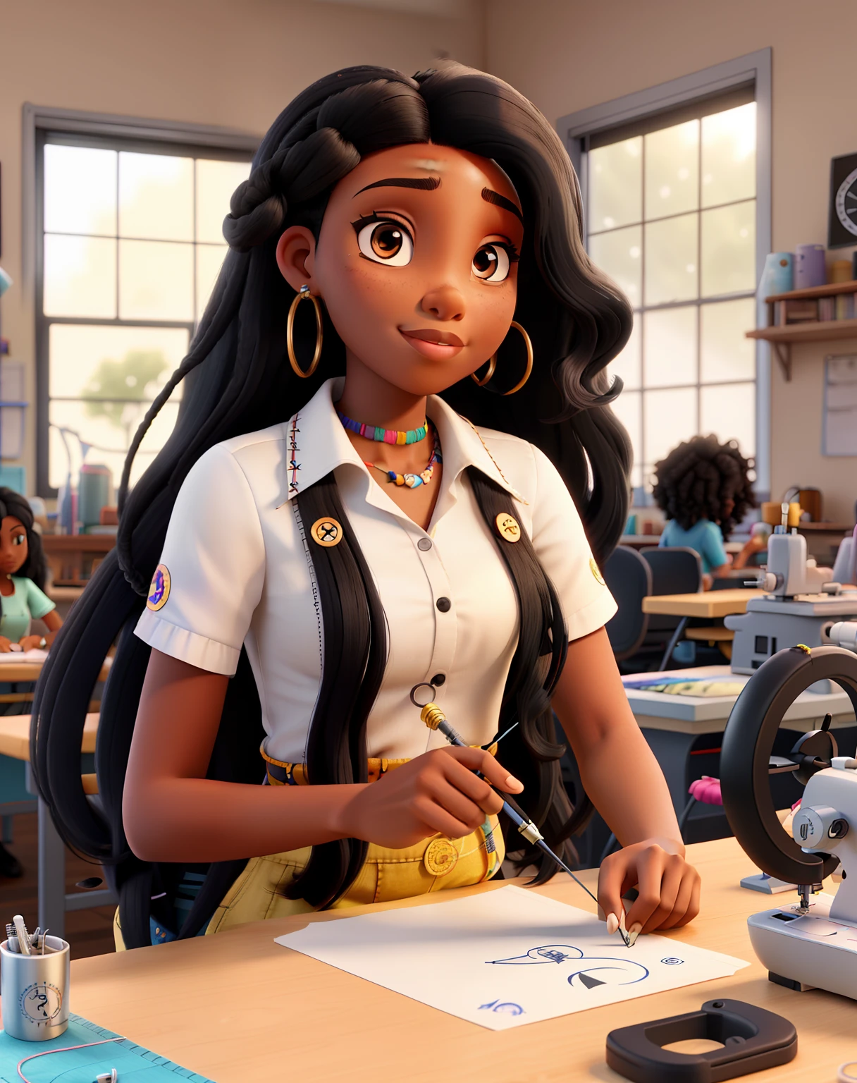 A beautiful young black woman with long black hair with inks nose piercing over lips, unhas coloridas, Sitting in a sewing workshop with a sewing machine and measuring tape and threads;, buttons and needles on the table curly hair tape measure on the table