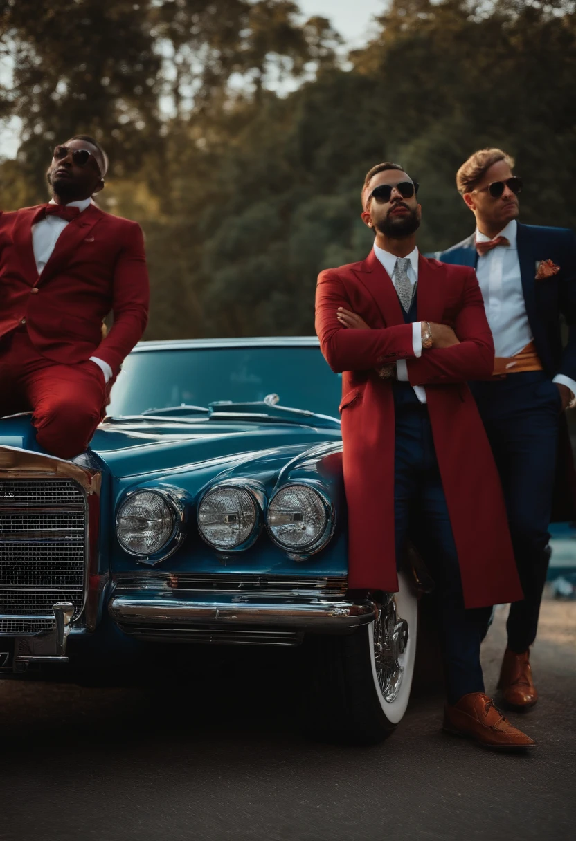 tres homens de neia idade em uma estetica automotiva