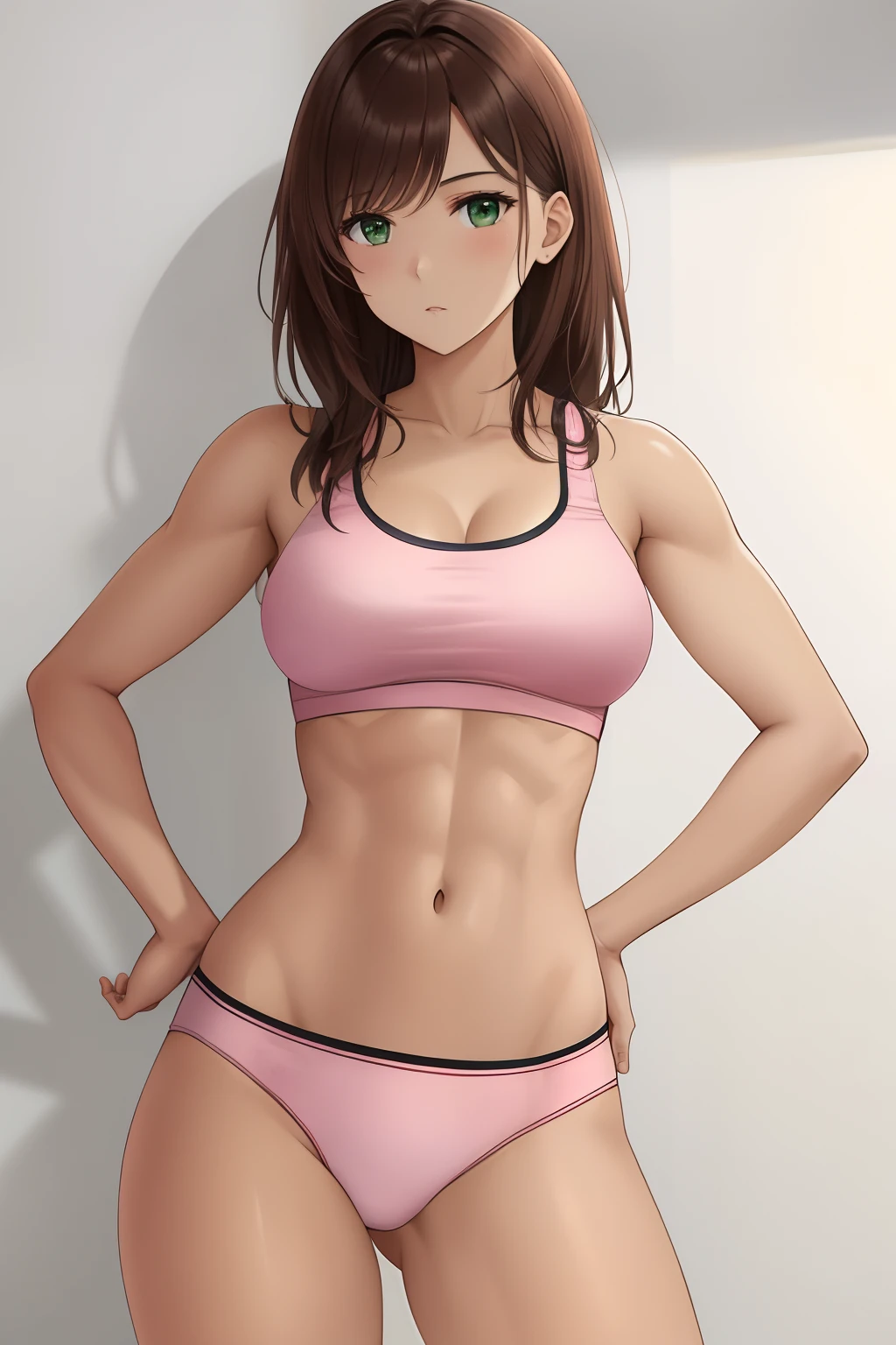 young woman in a photo shoot, wearing Calvin Klein underwear, pale pink sports bra and underwear, slightly tanned skin, athletic body with toned muscles, hands on hips, straight dark brown hair, green eyes, white background