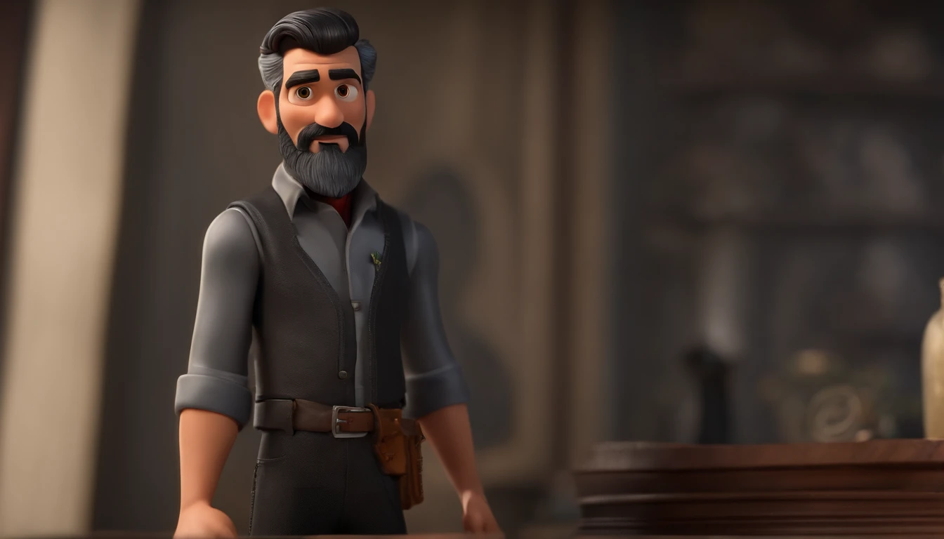 Personagens pixar ,homem altura 1,80's skinny with cobelo black beard starting to turn gray with. Beard and bogode hair short and uncombed dark grey shirt with cnc router senary and laser cuts