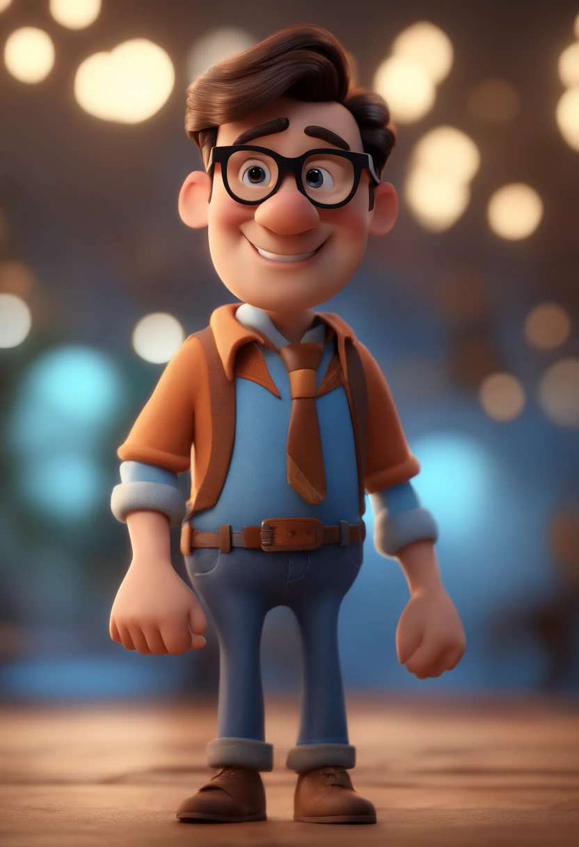 Cartoon character of a man with black glasses and a blue shirt, animation character, Caractere estilizado, animation style rendering, 3D estilizado, Arnold Maya render, 3 d render stylized, toon render keyshot, Personagem 3D, Personagem 3D, 3d rendering stylized, 3 d character render, personagem de desenho animado, Personagem de close up, Pose de personagem, (Estilo Pixar) (master part:1.2) (Bokeh) (best quality) (pele detalhada) (textura detalhada) (8k) (argila) (Cinematic lighting) (foco nítido