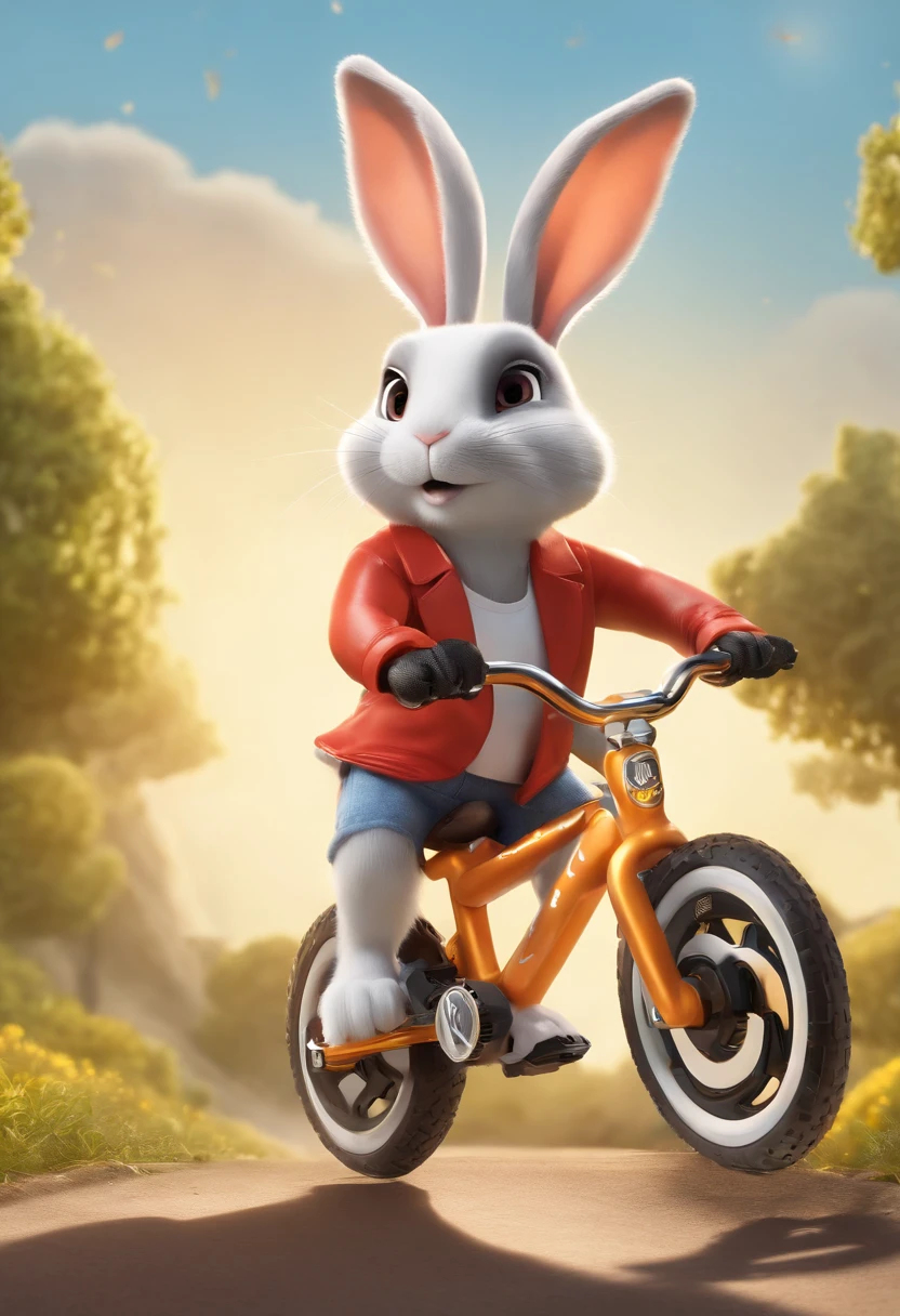 (((Cartoon Character 1.3))),(((Wear a Nike T-shirt:1.2,A super cute bunny riding on a bike))),((The rabbit rides on a bicycle with a big gold medal around his neck)),Wears a spotted vest on the top,Denim shorts on the bottom,Naughty expression,HD Real,Black eyes,Short ears,,HD picture,Sony SLR lens,Shoot at medium distance,Soft lighting,